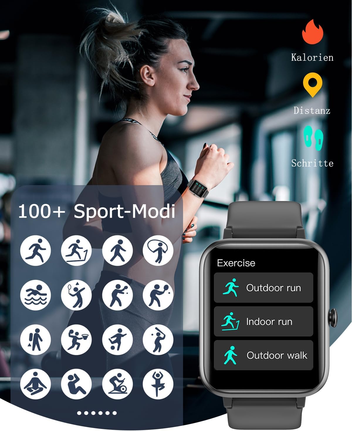 GRV Smartwatch, Unisex-Fitnessuhr mit Herzfrequenzmesser, Schrittzähler, Schlafmonitor, 9 Trainingsmodi – Bild 3