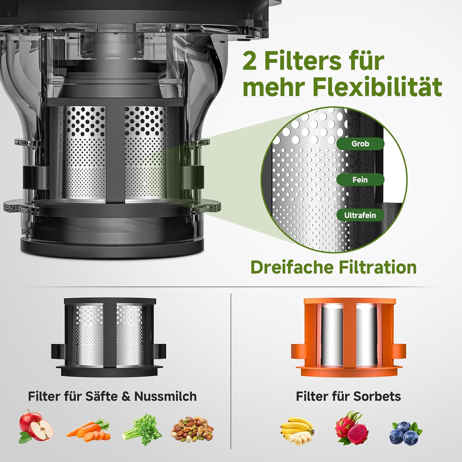 AMZCHEF Slow Juicer Kaltpress-Entsafter für Obst & Gemüse, 160 mm XXL-Einfüllöffnung für ganze Früchte, 2,5 l Behälter, 2 Filter für Saft und Sorbet, leise und leicht zu reinigen, schwarz – Bild 5