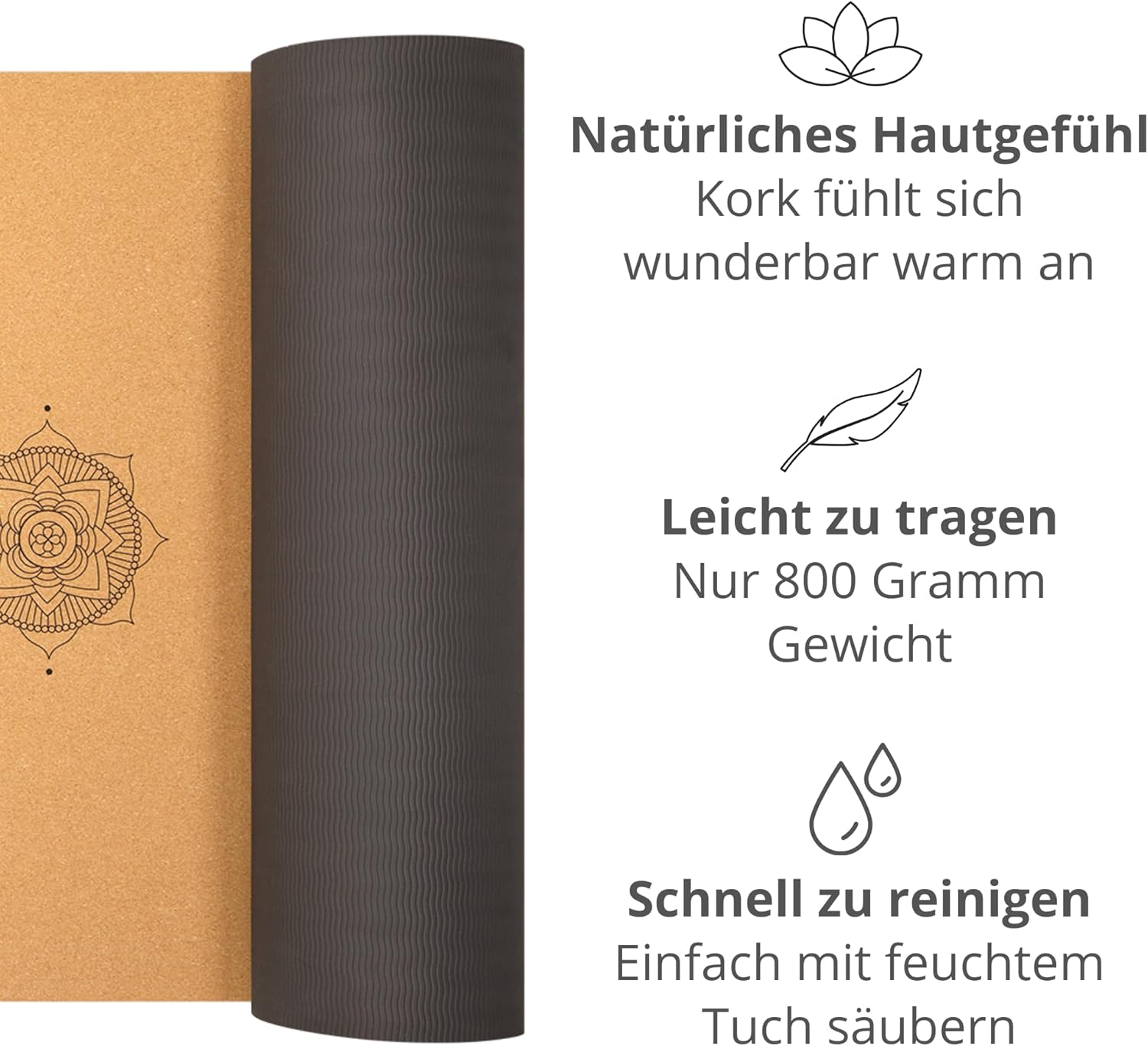 Premium-Yogamatte aus Kork (4 mm dick) – rutschfeste Fitnessmatte mit Hilfslinien – Pilates-Matte + Yoga-Tasche – Bild 5