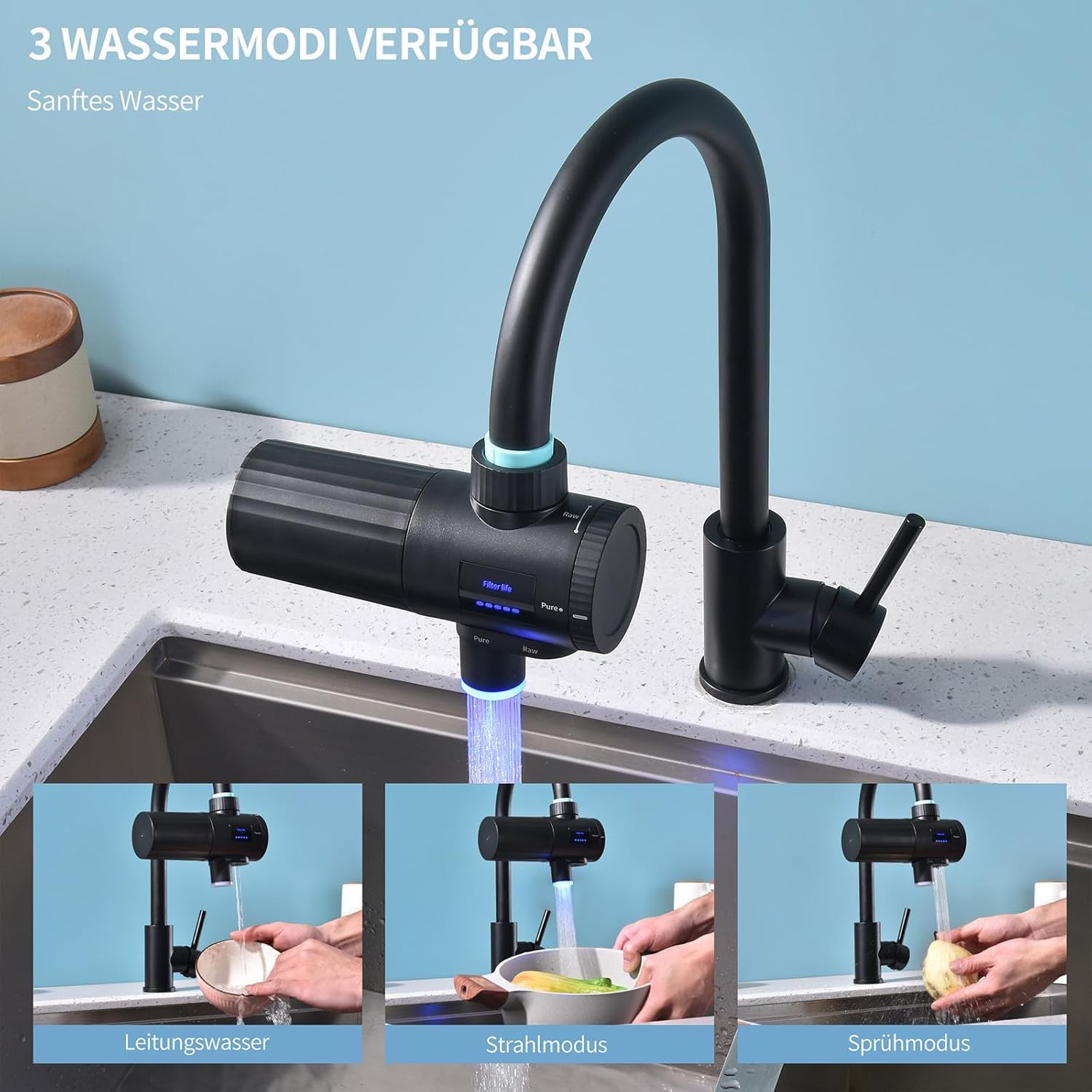 HOMELODY Wasserfilter Trinkwasser für Küche, entfernt Chlor, Schwermetalle & Kalk, verbessert den Geschmack, 12x Adapter, Blaulicht & 1 Filter enthalten, Wasserfilter Wasserhahn 3.0 mit LED-Anzeige – Bild 6