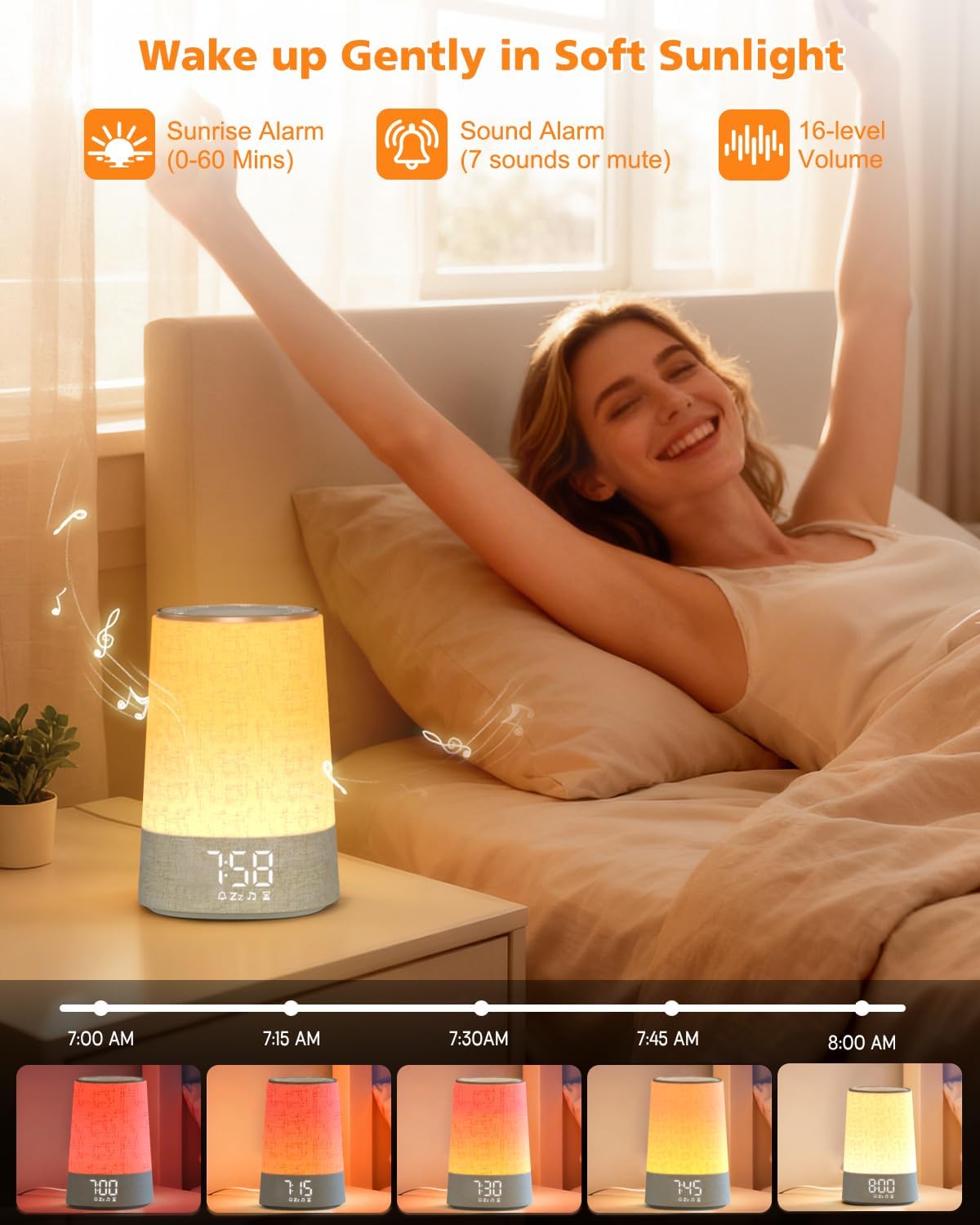 Tageslichtwecker Sonnenaufgang mit 7 sanften Alarmtönen, 30 natürlichen Klängen, 3 Alarmmodi, dimmbarem Display, 10 Helligkeitsstufen, Nachttischlampe, Schlafzimmer, Geschenke für Frauen, Männer, Teenager, Mädchen – Bild 3