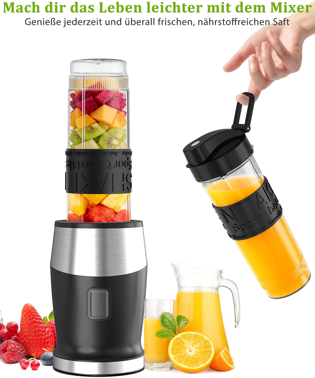 Mixer, 700W Smoothie Maker, Standmixer & Mixer Smoothie Maker, Multifunktions-Smoothiemaker/Fleischzerkleinerer/Ice Crusher/Kaffeemühle mit 570ml Sport-Flasche BPA frei Tritan – Bild 5