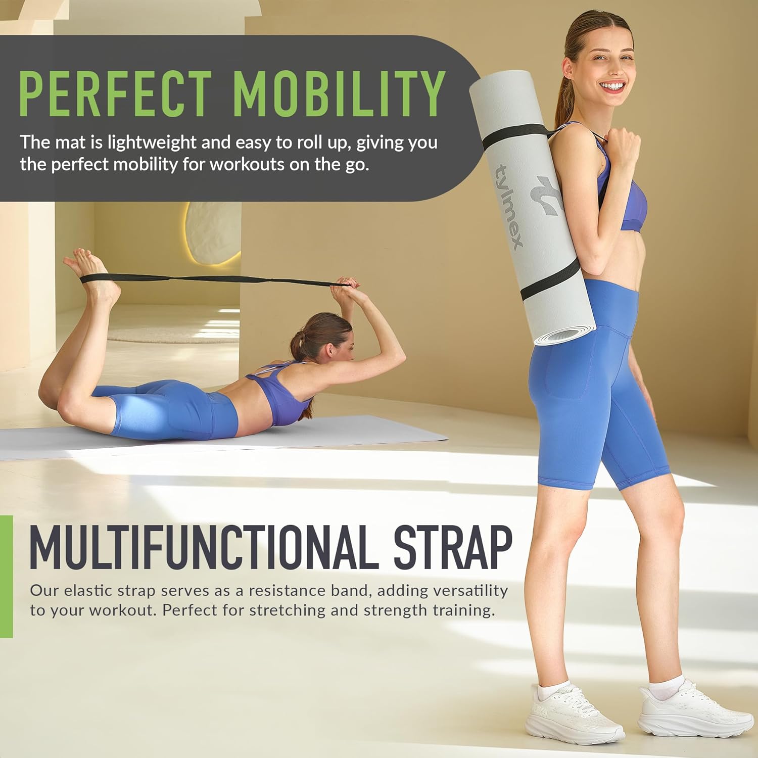 Yogamatte, 183 x 61 cm, dünn, 0,6 cm TPE, umweltfreundlich, rutschfest, leicht, perfekt für Yoga, Pilates, Fitness und Gymnastik, ideal für Zuhause und draußen, pflegeleicht, tragbar, 3 Farben – Bild 4