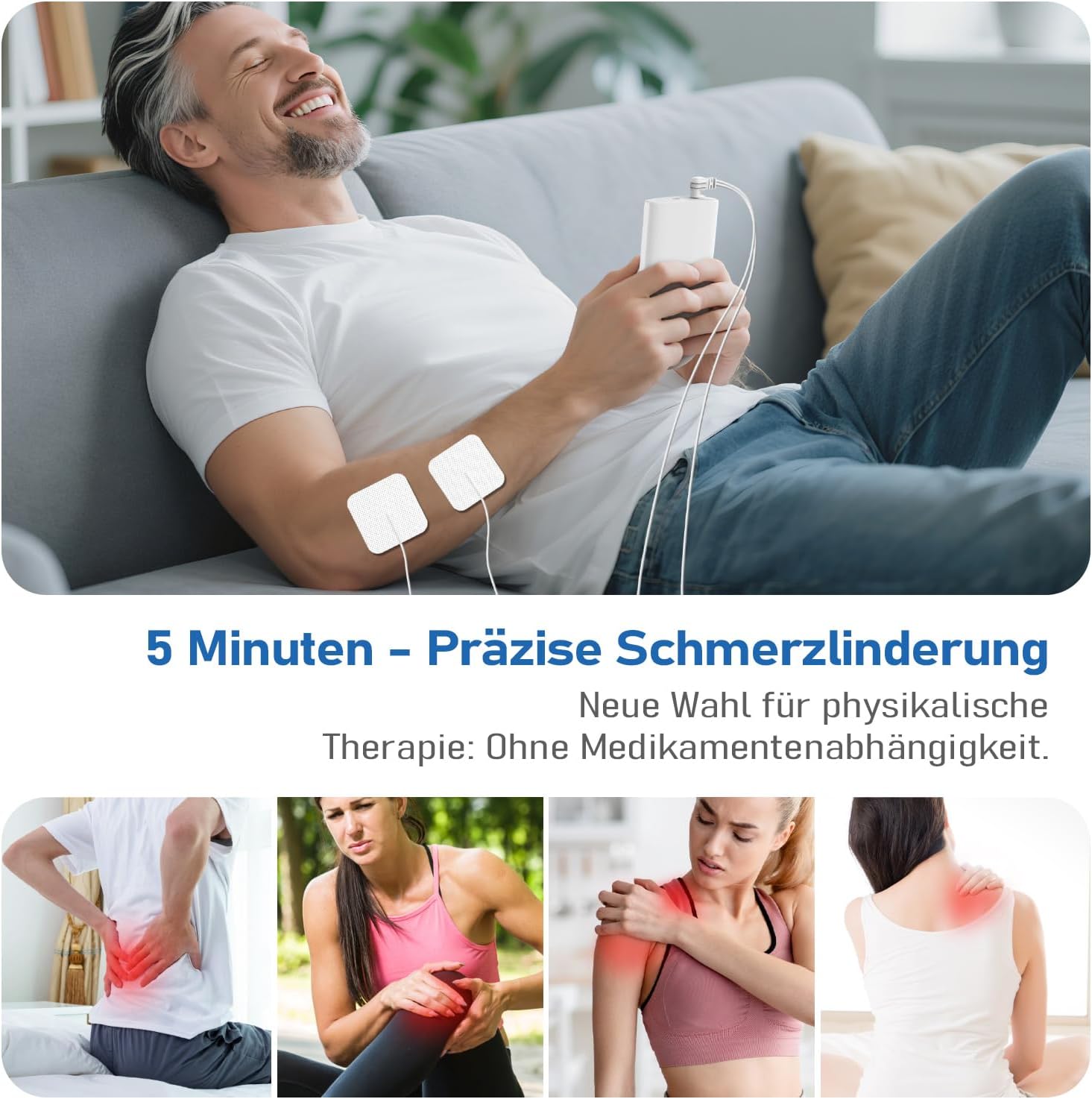 GHTENS TENS-Gerät Schmerztherapie, 5-in-1 Reizstromgerät (TENS/EMS/IF/RUSS/DIY) zur Schmerzlinderung durch elektrische Nervenstimulation, mit 80 Massageprogrammen, 2 Kanälen und 8 Elektrodenpads – Bild 4