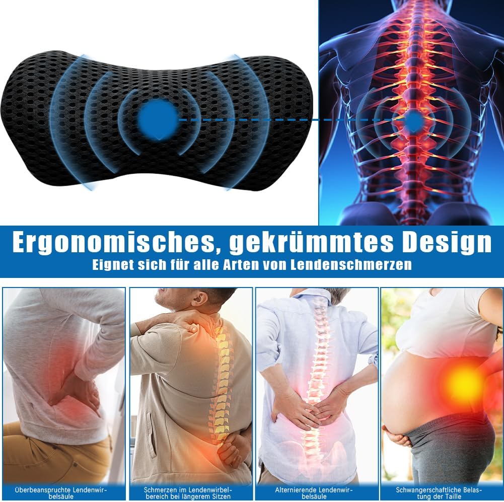 Lendenwirbelstützkissen aus Memory-Schaum, ergonomisches Lendenkissen mit Riemen, Kissen gegen Rückenschmerzen, Lendenstützkissen für Autositze und Bürostühle zum Ausruhen, Schlafen, Reisen – Bild 2