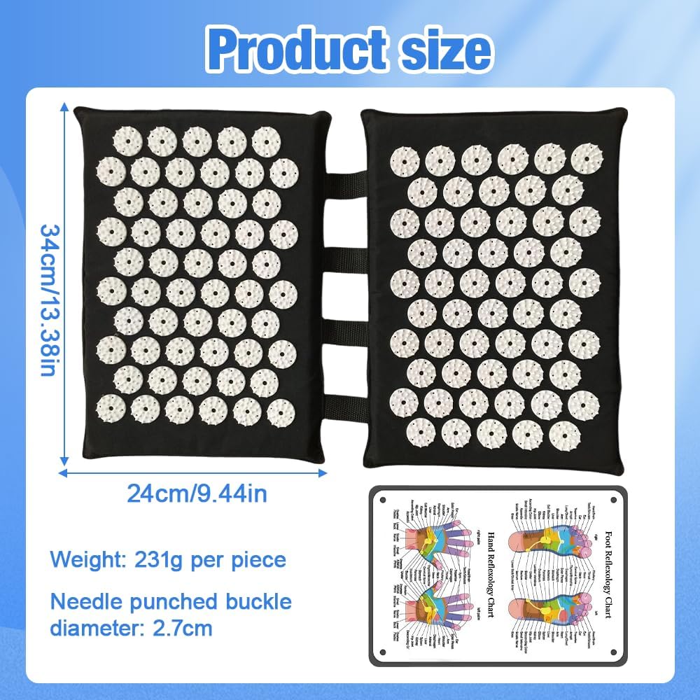 Akupressurmatte für Füße und Rücken, 2 x 34 cm, Akupunkturmatte, Schwarz, Akupressurmatte, Nagelmatte mit 110 Spitzen & Akupunkturpunkttabelle, Akupressur-Fußmatte für Zuhause, Büro – Bild 2