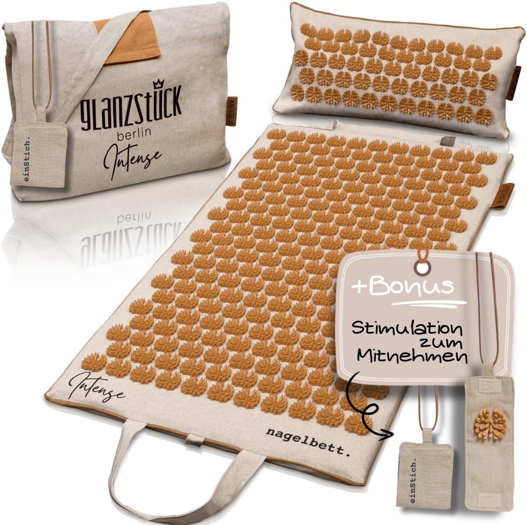 Glanzstück Berlin® Health Collection: Intense XL Akupressurmatten-Set, Leinen, hilft bei Verspannungen, Rückenschmerzen, Massagematte mit Kissen (Wärmefunktion) und Tasche, nachhaltig