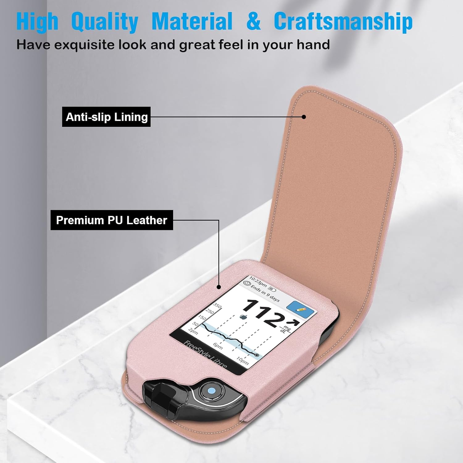 MEDMAX Hülle für Freestyle Libre 3/2 / Libre Reader Blutzuckermessgerät, Tasche mit Halshalter zum Umhängen, Kunstleder-Schutzhülle mit Karabiner-Clip für Diabetiker (Roségold) – Bild 3