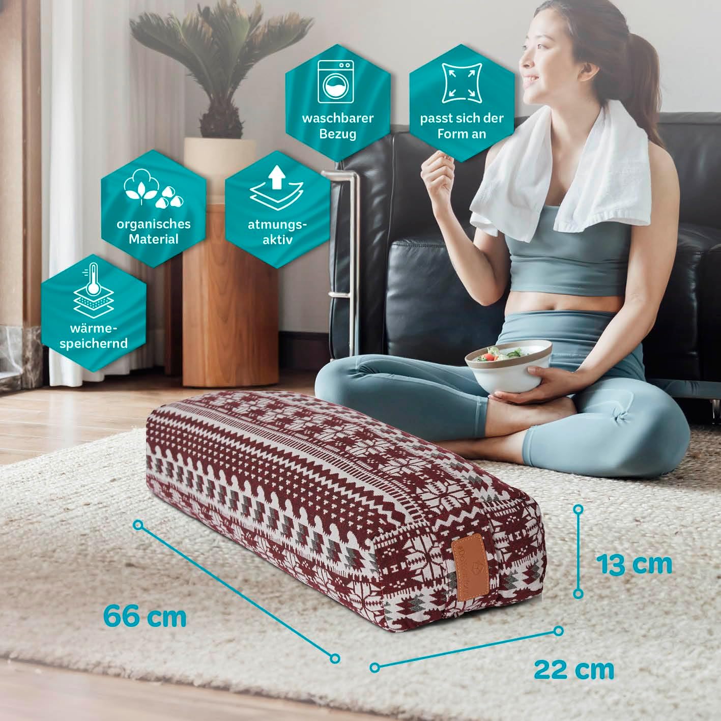 #DoYourYoga Paravati Yoga Bolster 67 cm x 13 cm gefüllt mit Bio-Dinkelspelzen (KBA) oder Bio-Buchweizenspelzen (KBA), Yogakissen mit waschbarem Bezug, Sitzkissen & Zafu-Kissen für Yin Yoga – Bild 4