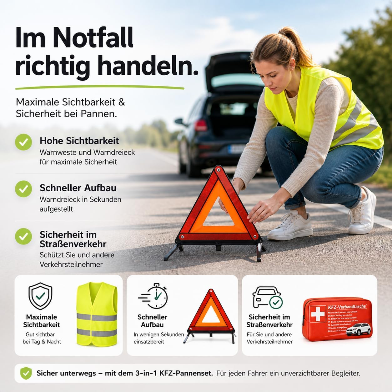 TK Gruppe Timo Klingler 6 in 1 - Kfz-Erste-Hilfe-Set 2022 - Kfz-Verbandkasten Auto - Verbandstasche & Warnweste Pannenweste Unfallweste & Warndreieck - Autozubehör für TÜV – Bild 3