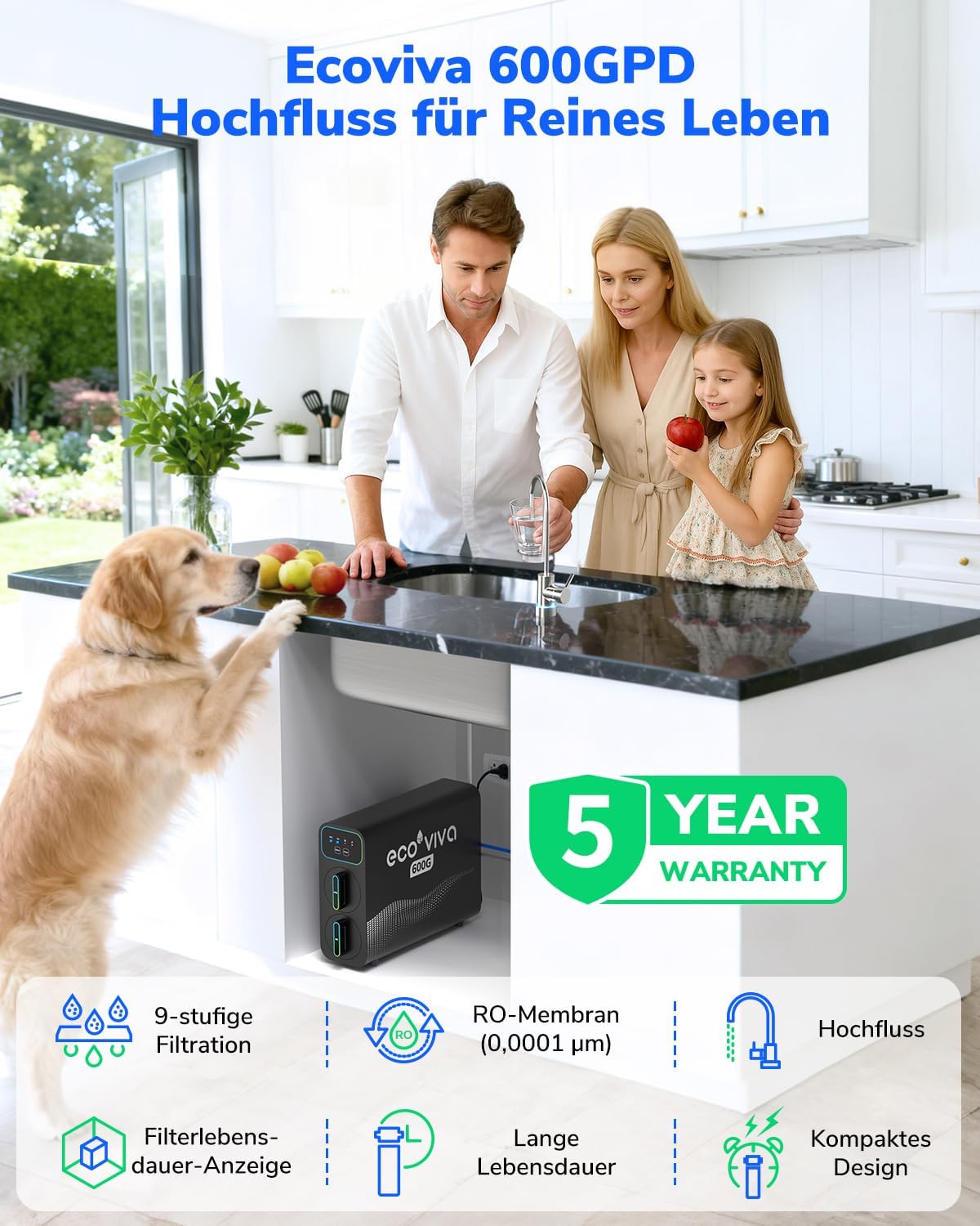 Ecoviva E6 600 GPD Osmoseanlage Trinkwasser, Untertisch-Umkehrosmoseanlage, 9-stufige Filterung RO-Osmose-Wasserfilter, reduziert TDS, 2,5:1 Sparverhältnis, ohne Tank, Schwarz – Bild 2