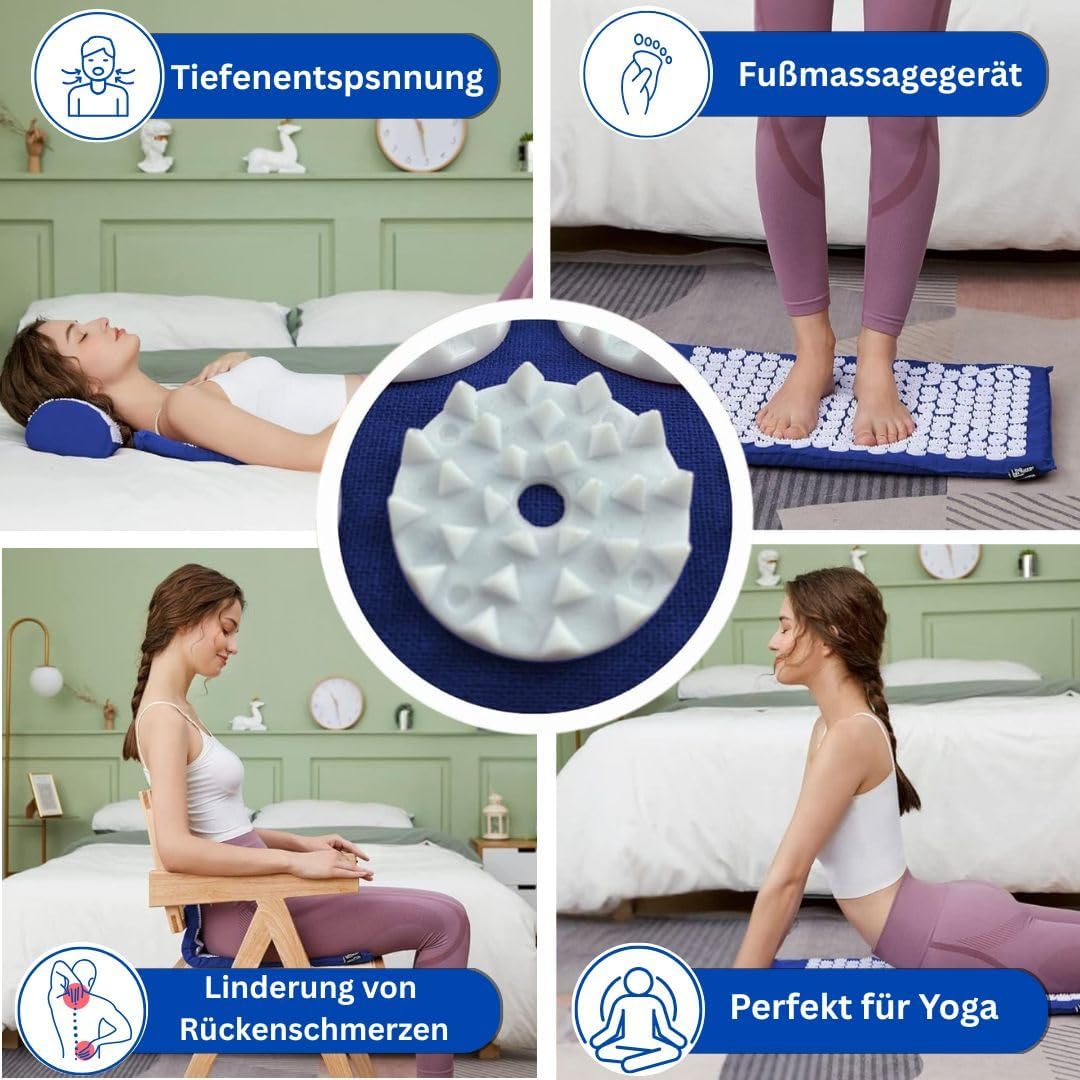 Akupressurmatte mit Kissen für Massage und Schmerzlinderung (Das Original), blaues Nadelmatten-Set zur Entspannung für Nacken, Rücken, Füße, Yantra-Matte, Stachelmatte für Meditation – Bild 3