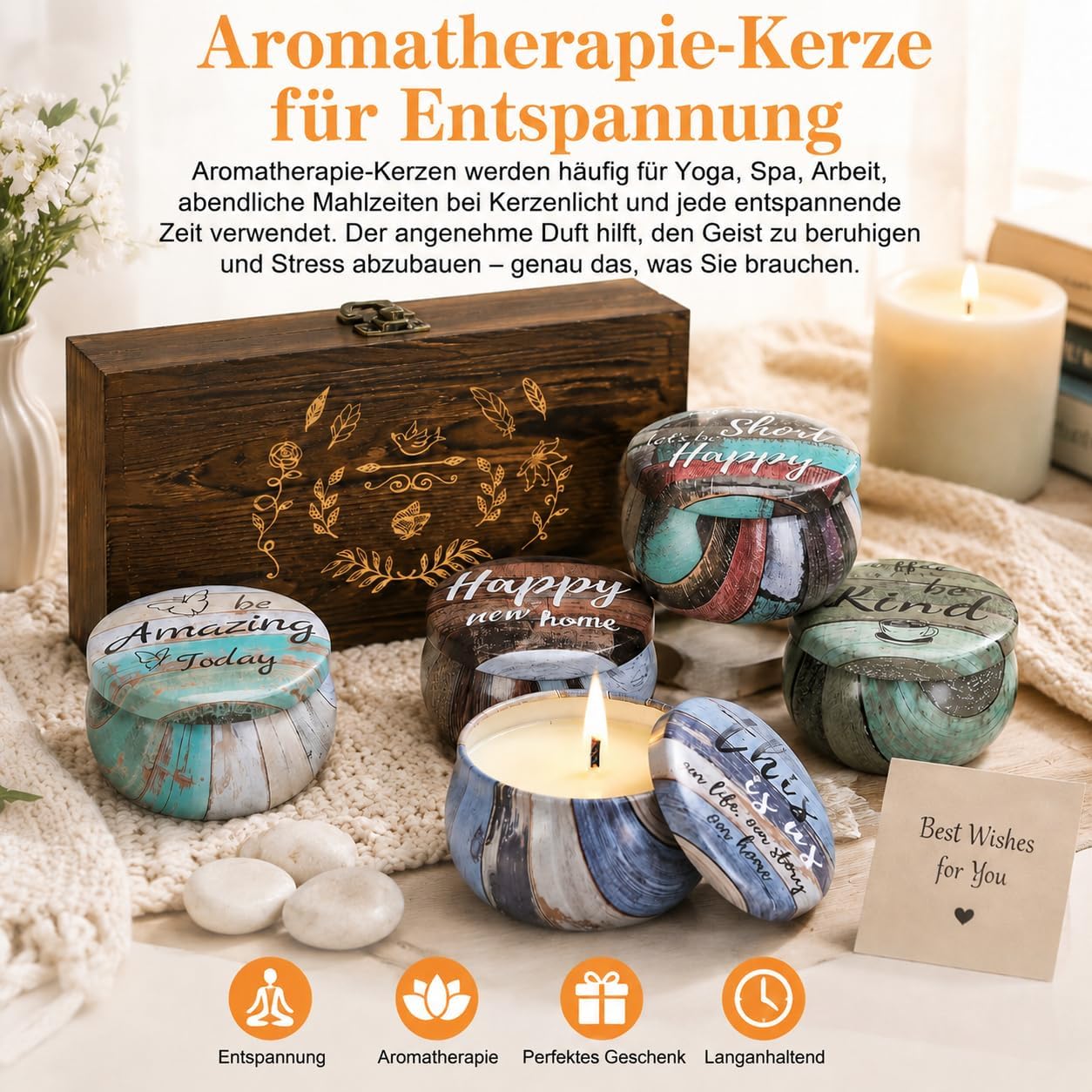 Geschenke für Frauen, Duftkerzen-Set mit dekorativer Holzbox, Set mit 6 Kerzen mit Sprüchen, natürliche Sojawachskerze zum Geburtstag, Geschenkset für Männer und Frauen – Bild 4