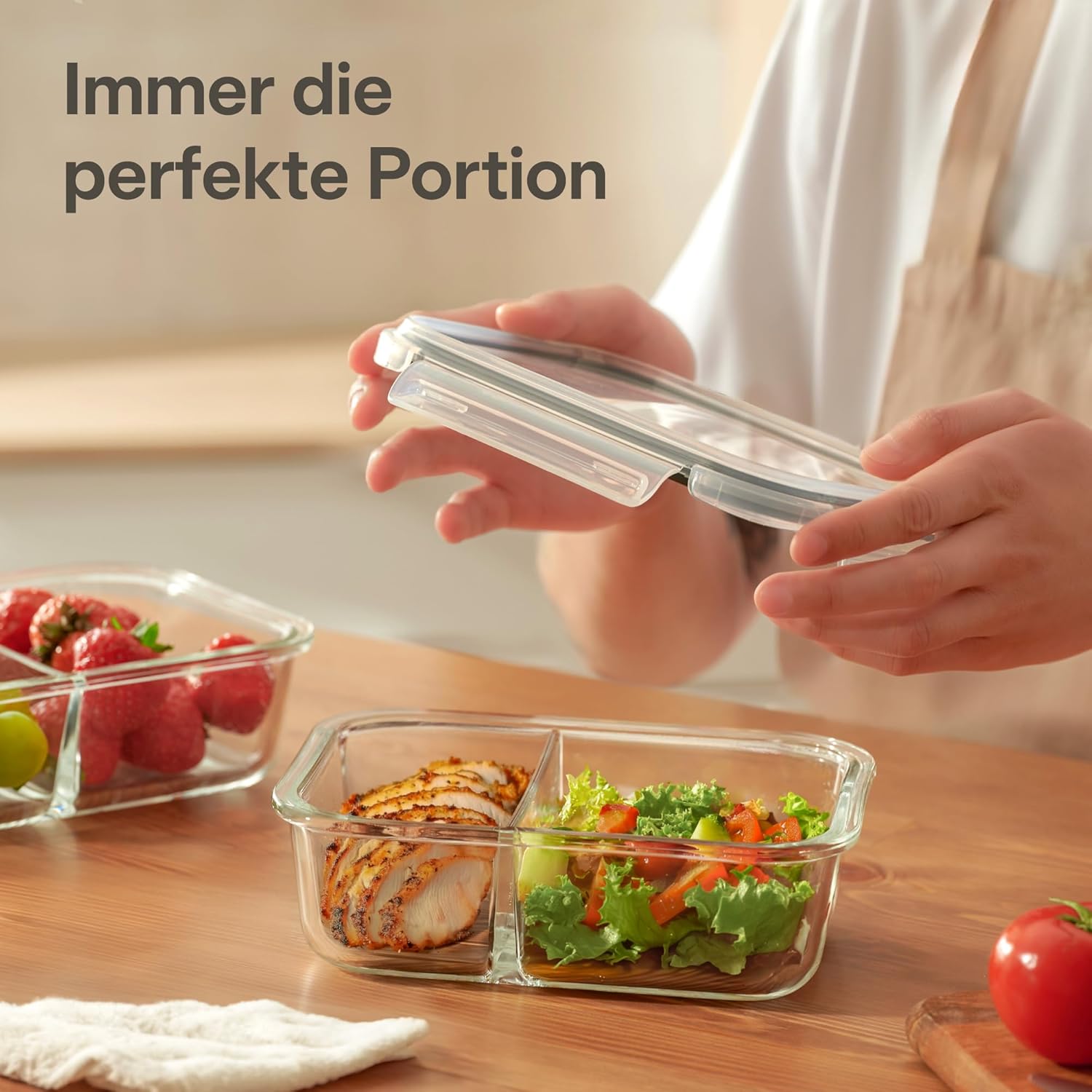 Praknu Meal-Prep-Boxen aus Glas, 2 Fächer – Set mit 2 Meal-Prep-Behältern 1 l – luftdichter Glasbehälter mit Deckel – geeignet für Spülmaschine, Mikrowelle und Backofen – Meal-Prep-Boxen – Lebensmittel-Aufbewahrungsbehälter aus Glas – Bild 2
