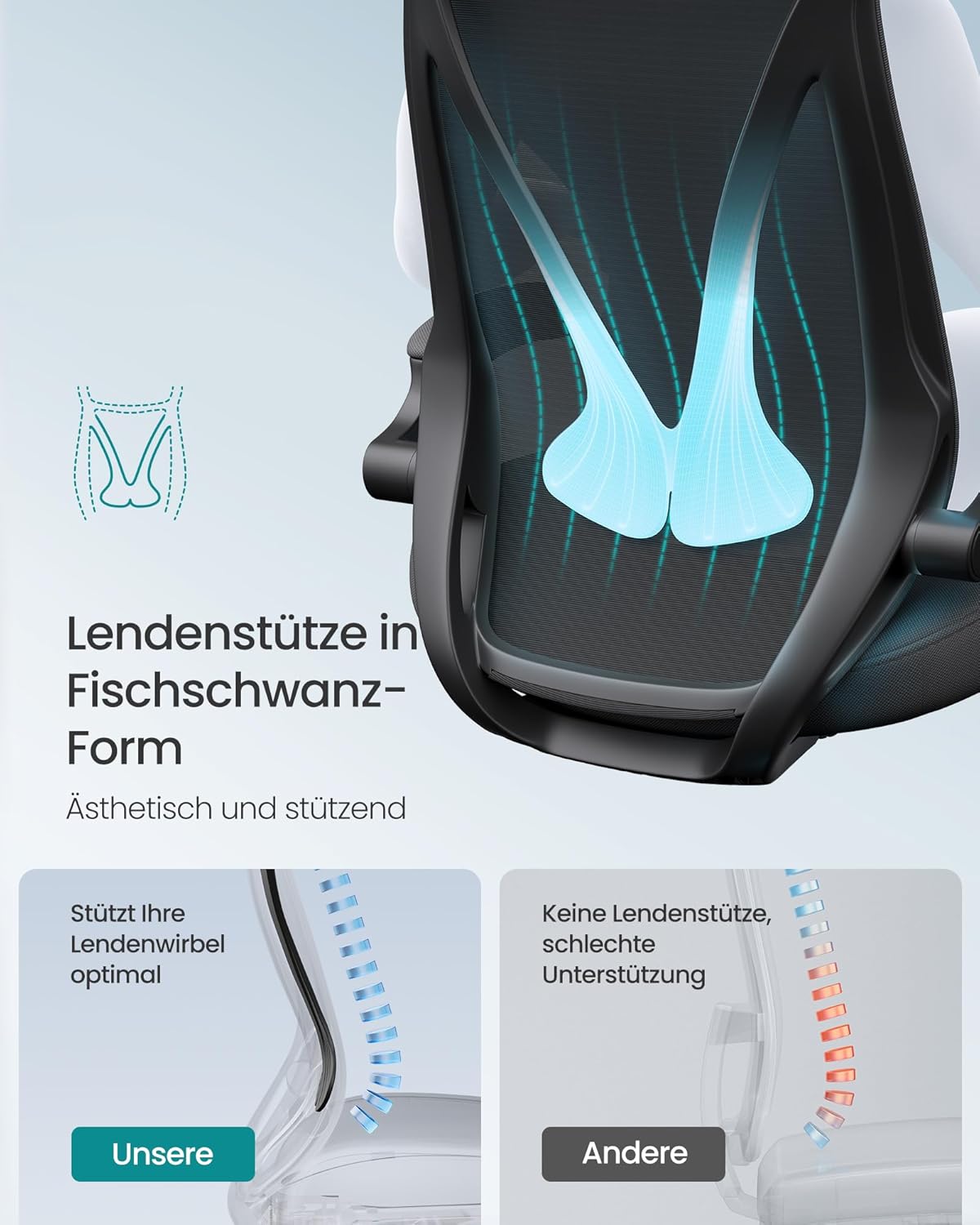 SONGMICS OBN088B01 Bürostuhl, ergonomische Rückenlehne, höhenverstellbar, hochklappbare Armlehnen, drehbarer Schreibtischstuhl mit Kopfstütze, belastbar bis 150 kg, Tintenschwarz – Bild 4
