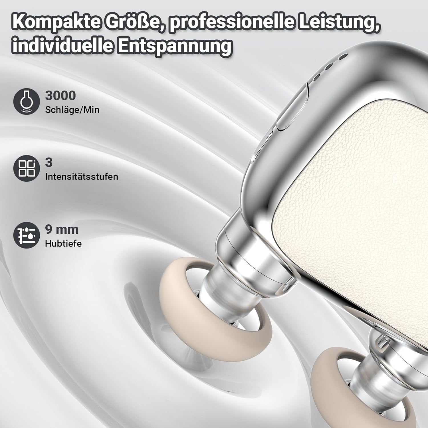 Massagepistole Mini Dual Head – Tragbares Nackenmassagegerät mit 9 mm Tiefengewebemassage, 3 Silikonaufsätzen, 3 Intensitätsstufen, Leise Mini Massage Gun (Silber) – Bild 2