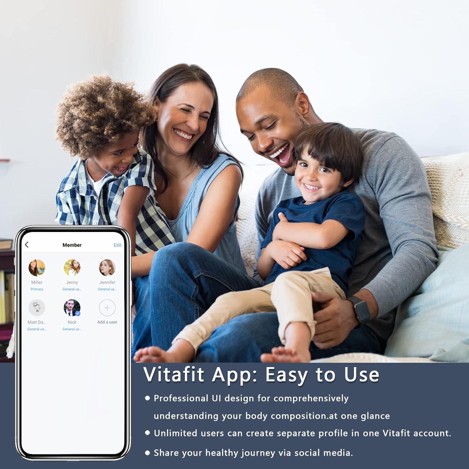 Vitafit Digitale Personenwaage mit Gewicht und BMI, Smarte Körperwaage mit App über Bluetooth, rutschfeste Plattform, Schwarz – Bild 6