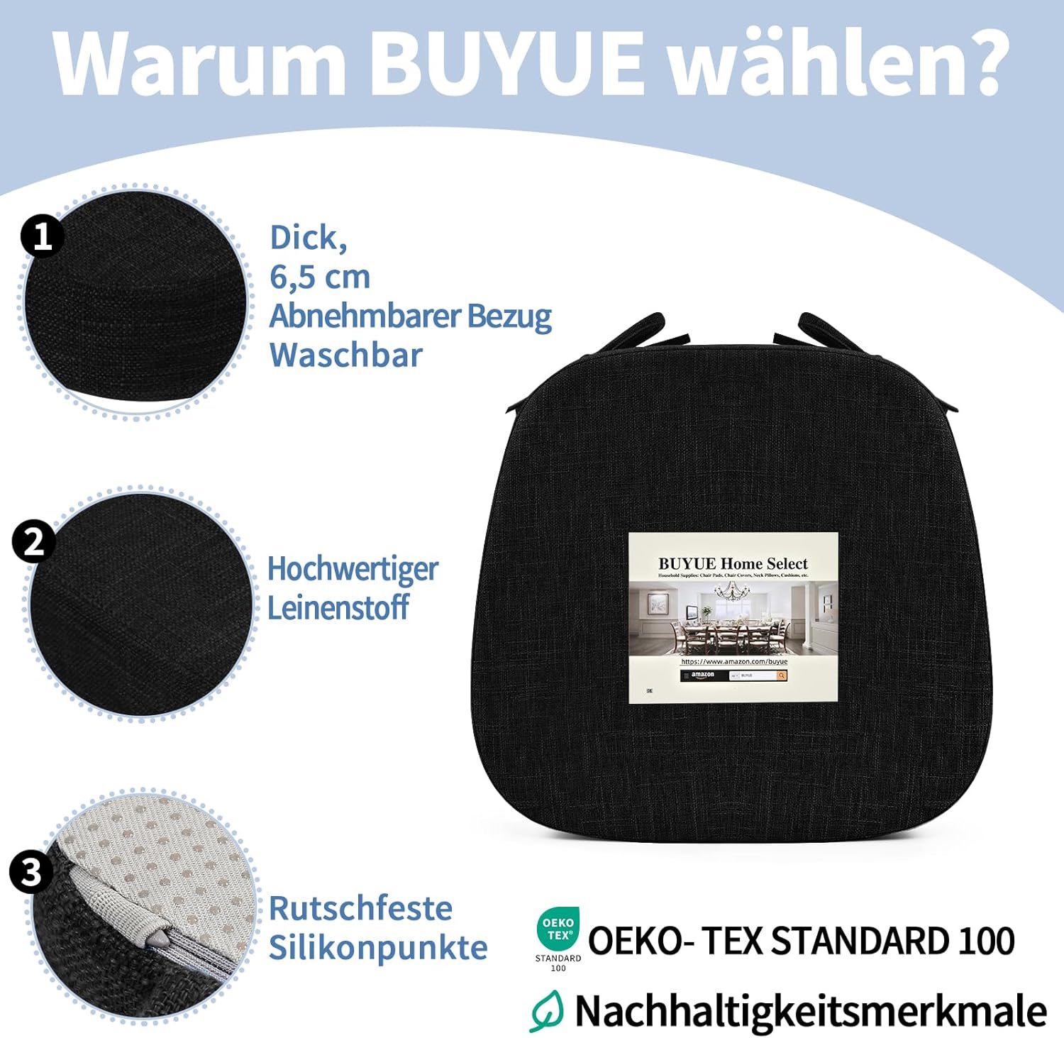 BUYUE Stuhlkissen 6,5 cm dick, U-förmiges Sitzkissen 40 x 40 cm mit hochdichtem Schaumstoff, Stoffbezug, rutschfeste Sitzunterlage für Küche und Esszimmer (1 Stück, schwarz) – Bild 6