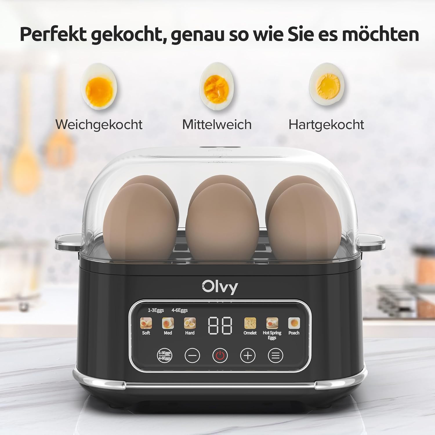 Automatischer Eierkocher von Olvy für 6 Eier – professioneller 6-in-1-Eierkocher mit LCD-Timer und Dampfgarer – ideal für Camping, mit automatischer Abschaltung und spülmaschinenfesten Teilen – Bild 3