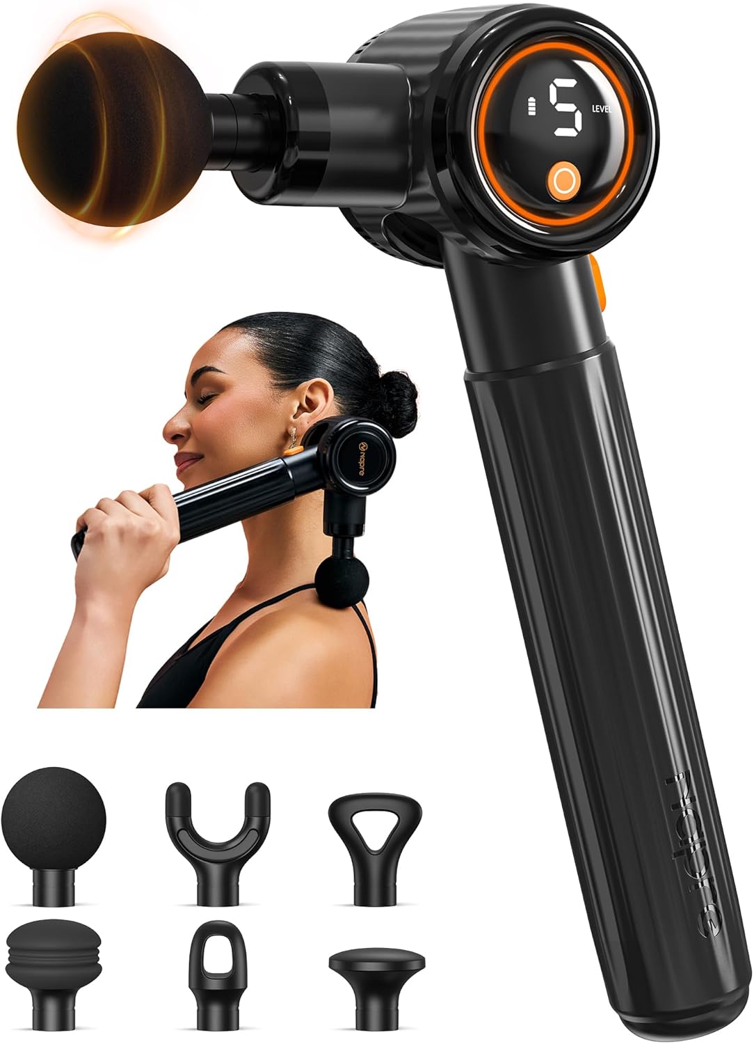 Napre Massagepistole, Massagepistole mit Verlängerungsgriff und 3 verstellbaren Winkeln, Muskel-Percussion-Massagegerät für Rücken/Nacken/Schulter-Entspannung, Handmassagegerät, Schwarz