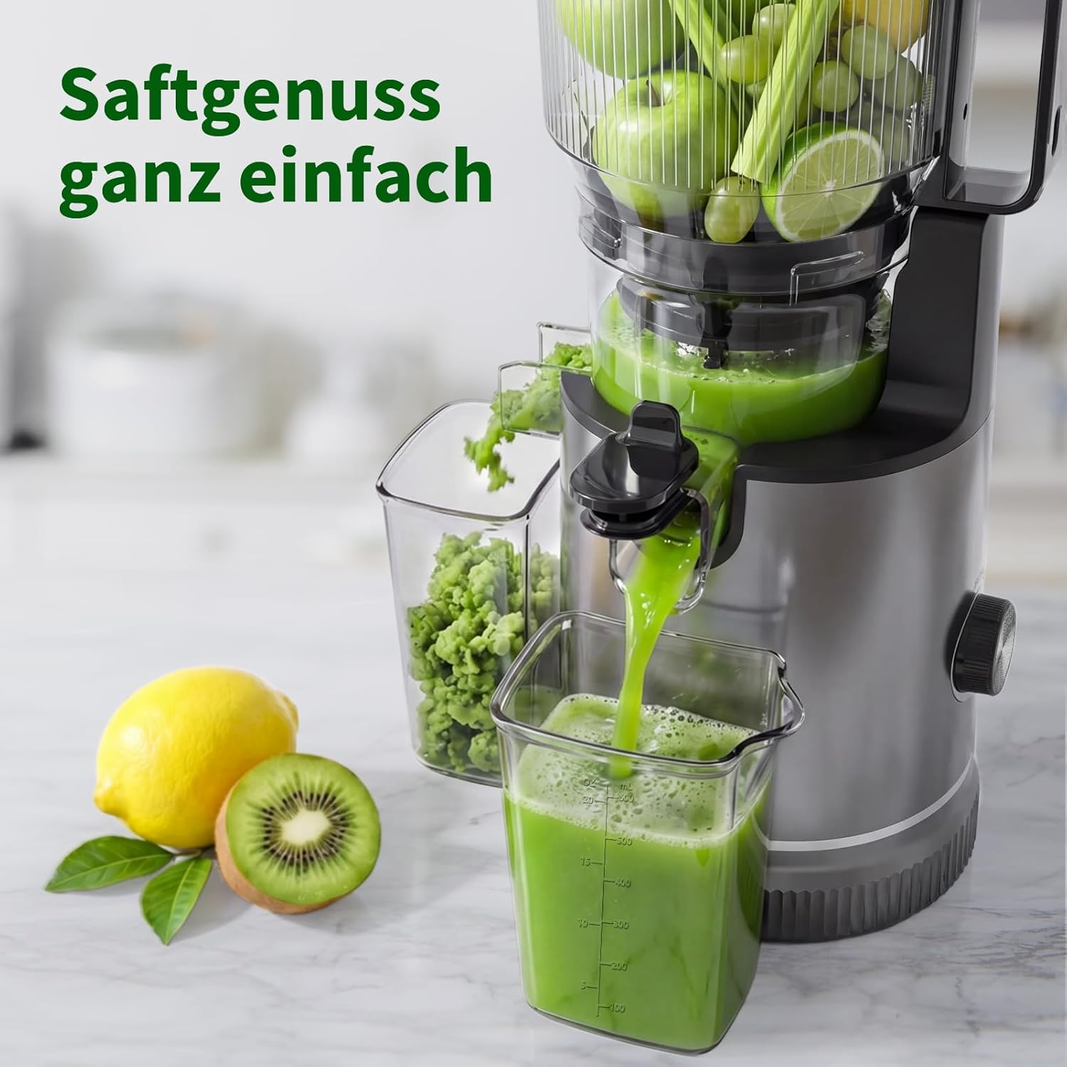 Slow Juicer 400 W, 152 mm extra großer Einfüllschacht für ganze Früchte und Gemüse, hohe Saftausbeute, 3-in-1-Sieb (Saft, Sorbet, Nussmilch), BPA-frei, spülmaschinenfest, 1,8 l – Bild 9