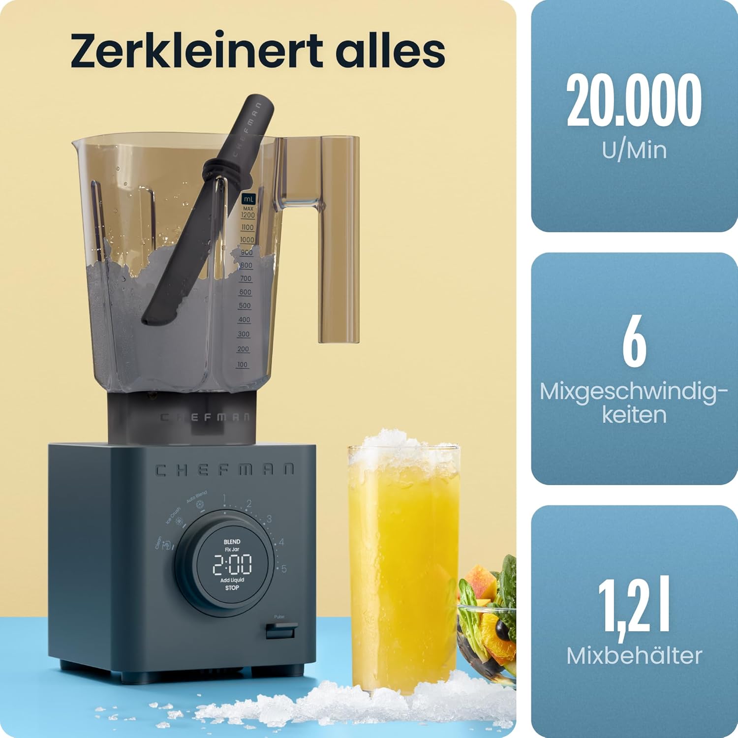 Chefman Obliterator 1,2-l-Mixer für Smoothies, 1380-W-Motor zum Zerkleinern von Eis, Nüssen und gefrorenen Früchten mit Edelstahlklinge, automatische Mischfunktion, inklusive 600-ml-Reisebehälter – Midnight – Bild 3