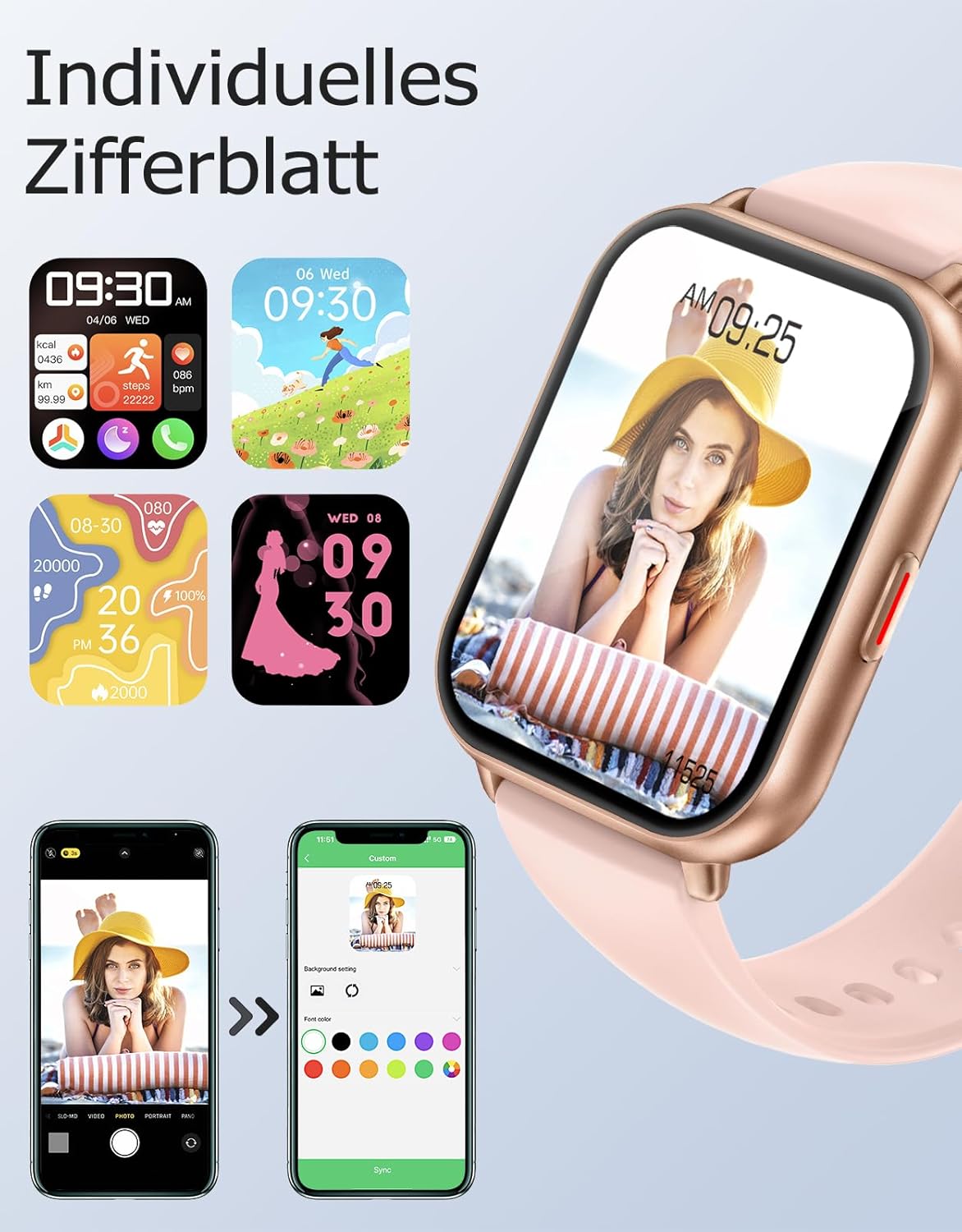 RUIMEN Smartwatch mit Telefonfunktion, Smartwatch für Damen, 1,85 Zoll HD-Bildschirm, Fitnessuhr mit SpO2-Überwachung, Herzfrequenzmesser, Schlafmonitor, Schrittzähleruhr, 110+ Trainingsmodi für Android iOS (2 Bänder) – Bild 6