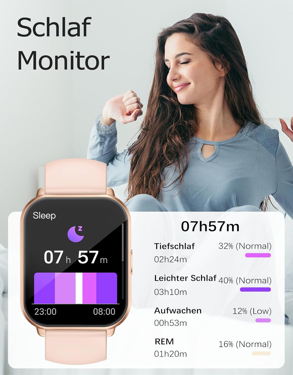 RUIMEN Smartwatch mit Telefonfunktion, Smartwatch für Damen, 1,85 Zoll HD-Bildschirm, Fitnessuhr mit SpO2-Überwachung, Herzfrequenzmesser, Schlafmonitor, Schrittzähleruhr, 110+ Trainingsmodi für Android iOS (2 Bänder) – Bild 5