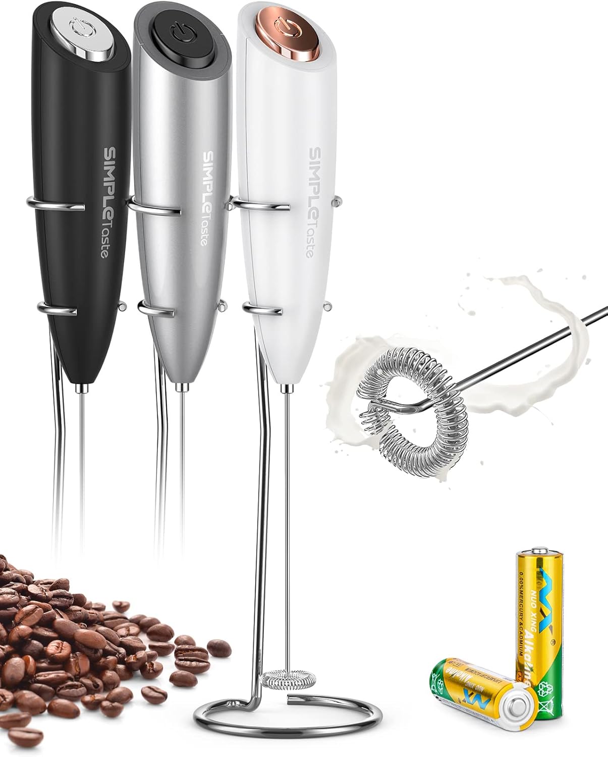 SIMPLETASTE Milchaufschäumer, handlicher, batteriebetriebener elektrischer Schaumbereiter, Getränkemixer mit Edelstahl-Schneebesen und Ständer für Cappuccino, kugelsicheren Kaffee, Latte