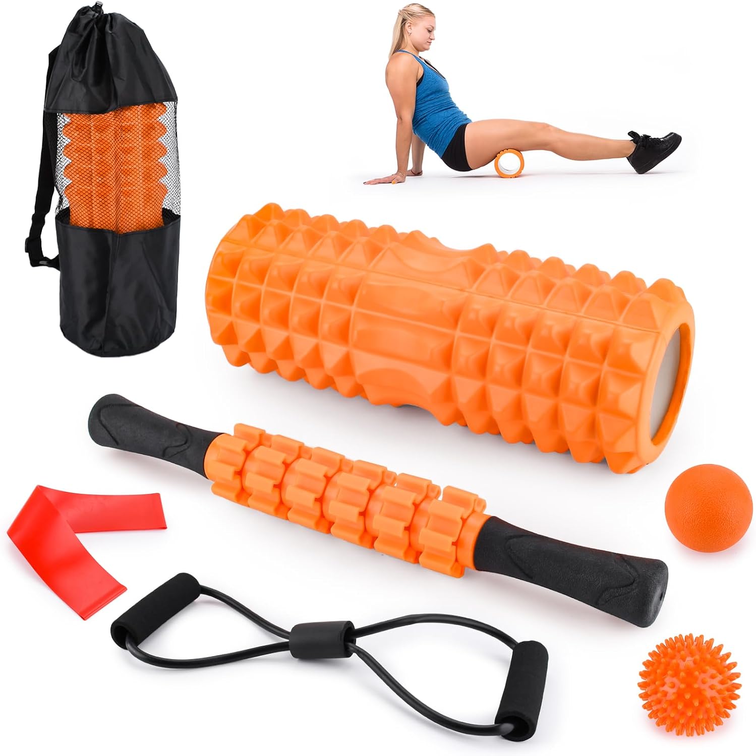 7-in-1 Faszienrollen-Set, PP/EVA-Schaumstoffrolle, Faszienset mit Faszienrolle Wirbelsäule, Massagerolle, Massageball, Spanner, Widerstandsband für Tiefenmuskelmassage, Yoga, Pilates, Fitnessrolle