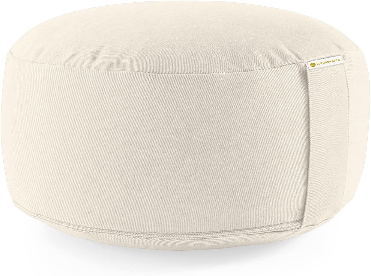 Lotuscrafts Yogakissen, Meditationskissen, runder Lotus, bequeme und entspannte Meditation – Sitzhöhe 15 cm, waschbarer Baumwollbezug, Yoga-Sitzkissen mit Dinkelfüllung, GOTS-zertifiziert, weiß