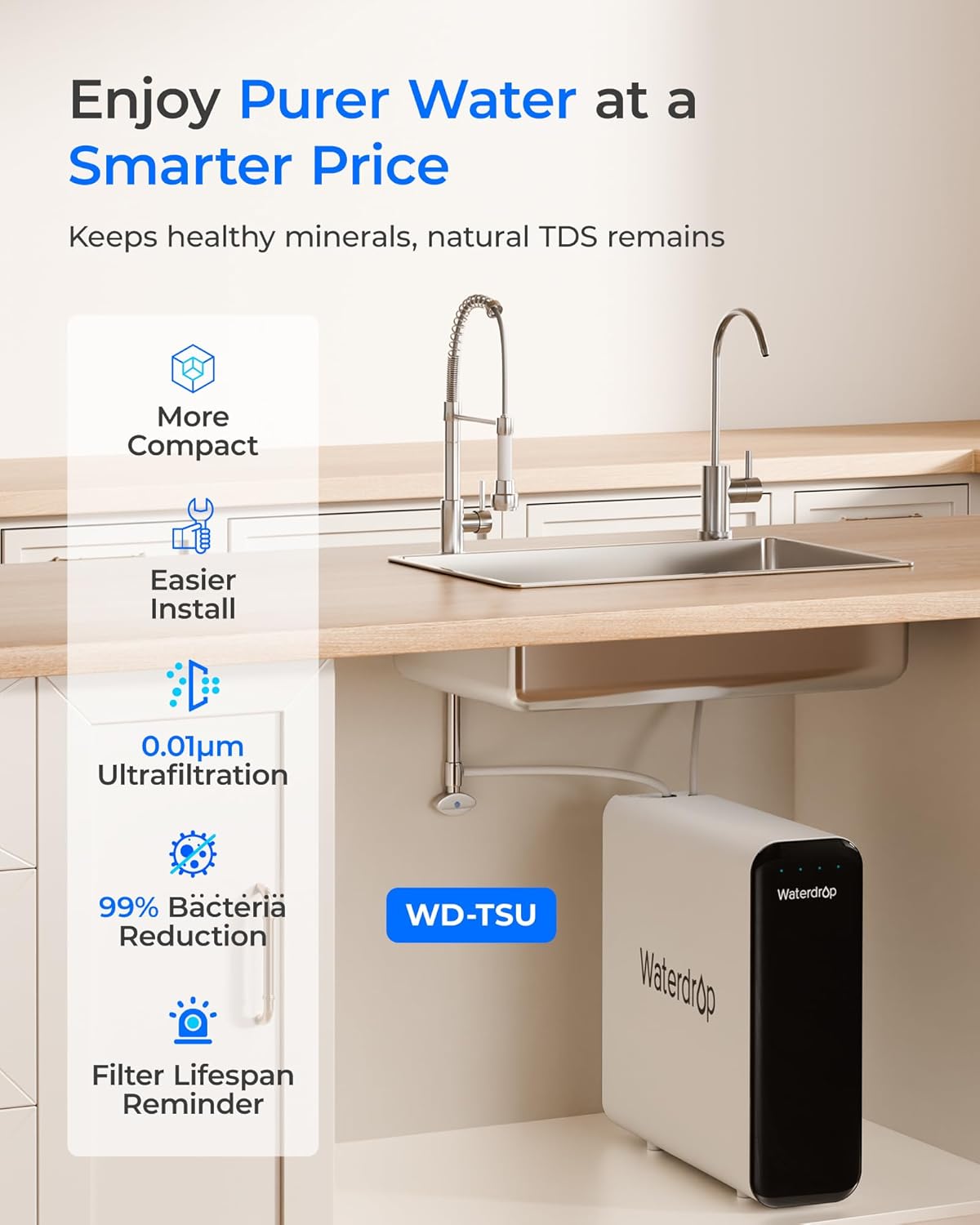 Waterdrop TSU-W Ultra Filtration Untertisch-Wasserfiltersystem, 3-stufig, 0,01 Mikrometer, Trinkwasserfiltersystem mit speziellem Wasserhahn aus gebürstetem Nickel, USA Tech, 2 Jahre Lebensdauer – Bild 2