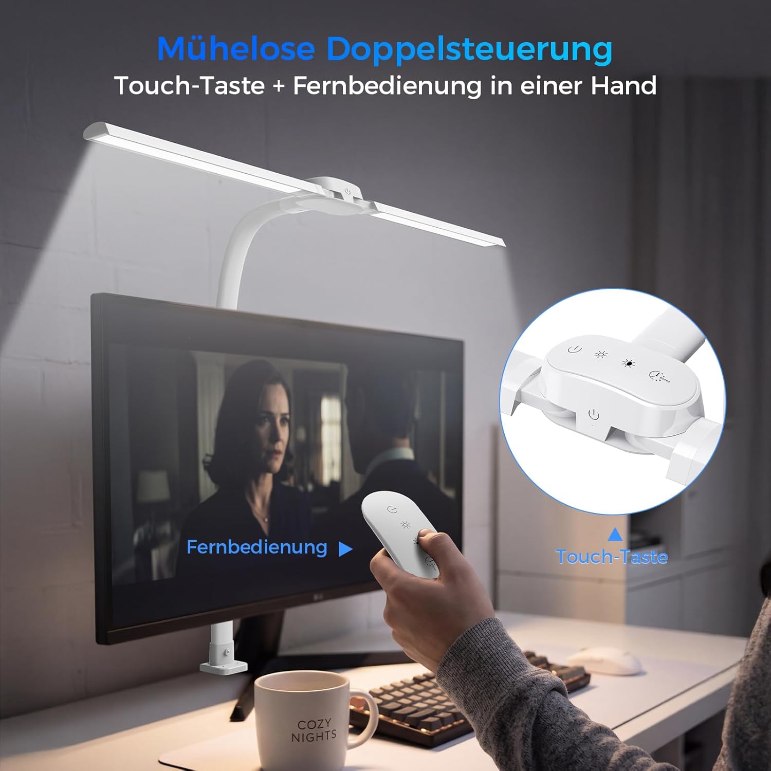 Schreibtischlampe LED Dimmbar - 1400LM 24W Doppelkopf Klemmbar Büroschreibtischlampe mit Fernbedienung 80CM Schwanenhals Schreibtischlampe Tageslichtlampe mit Ladefunktion Weiß W01 – Bild 6