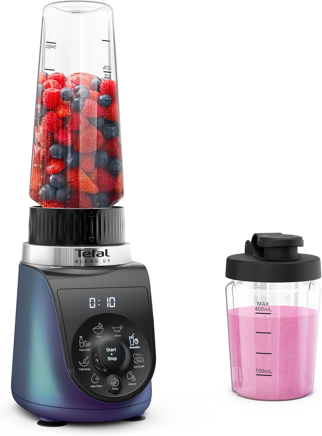 Tefal Blend Up BL19H4F0 Mini-Mixer, 8 Automatikprogramme, Pulse-Funktion, abnehmbare Powelix-Klingen, inklusive 2 On-the-Go-Flaschen (400 + 700 ml), Silence-Modus, kompaktes Design, 1000 Watt, blau