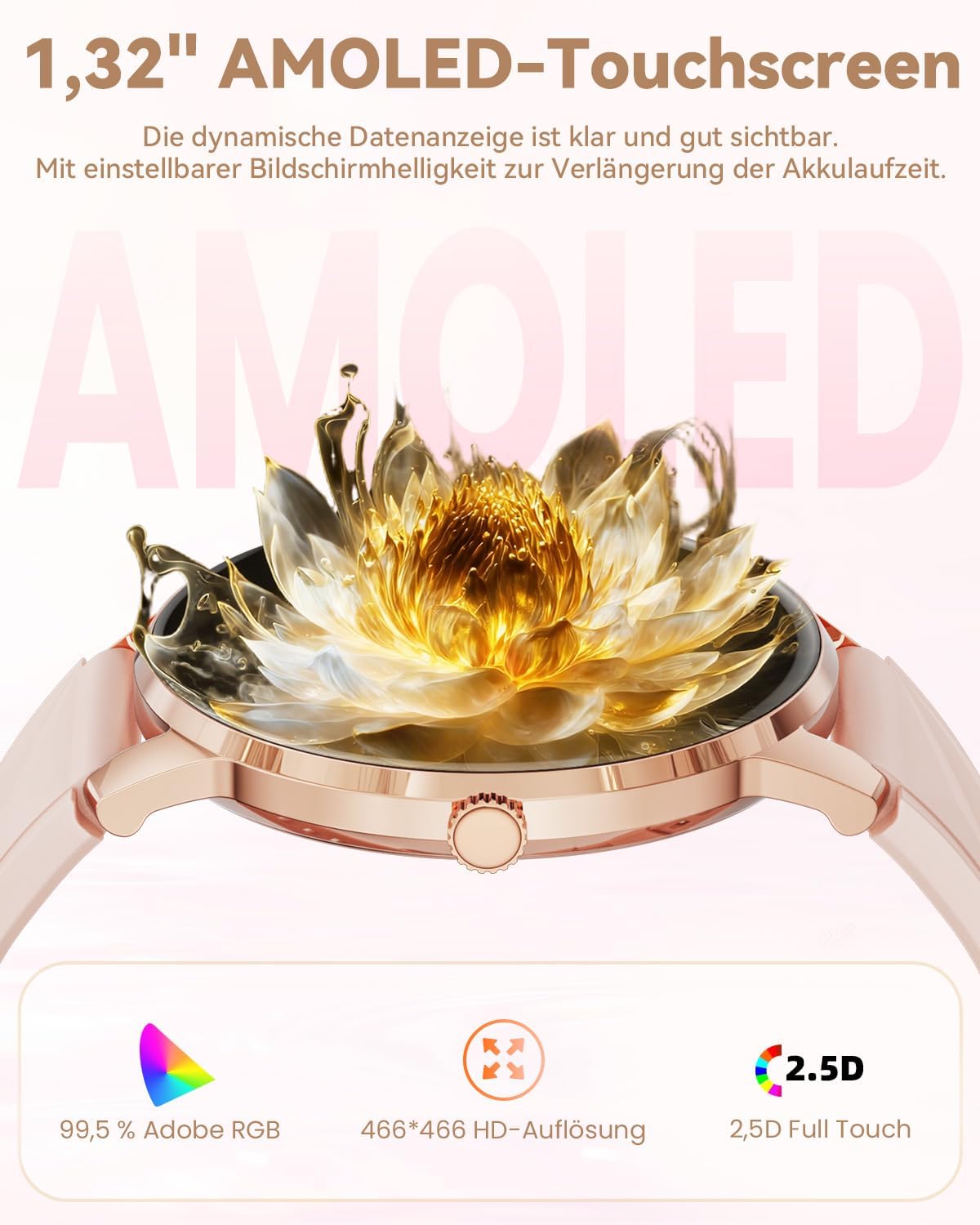 Damen Smartwatch mit Telefonfunktion, 1,32 Zoll AMOLED Display Smartwatch, Fitnessuhr mit Herzfrequenzmesser, SpO2, Schlafmonitor, Schrittzähler, 110+ Sportmodi, Sportuhr für iOS – Bild 2