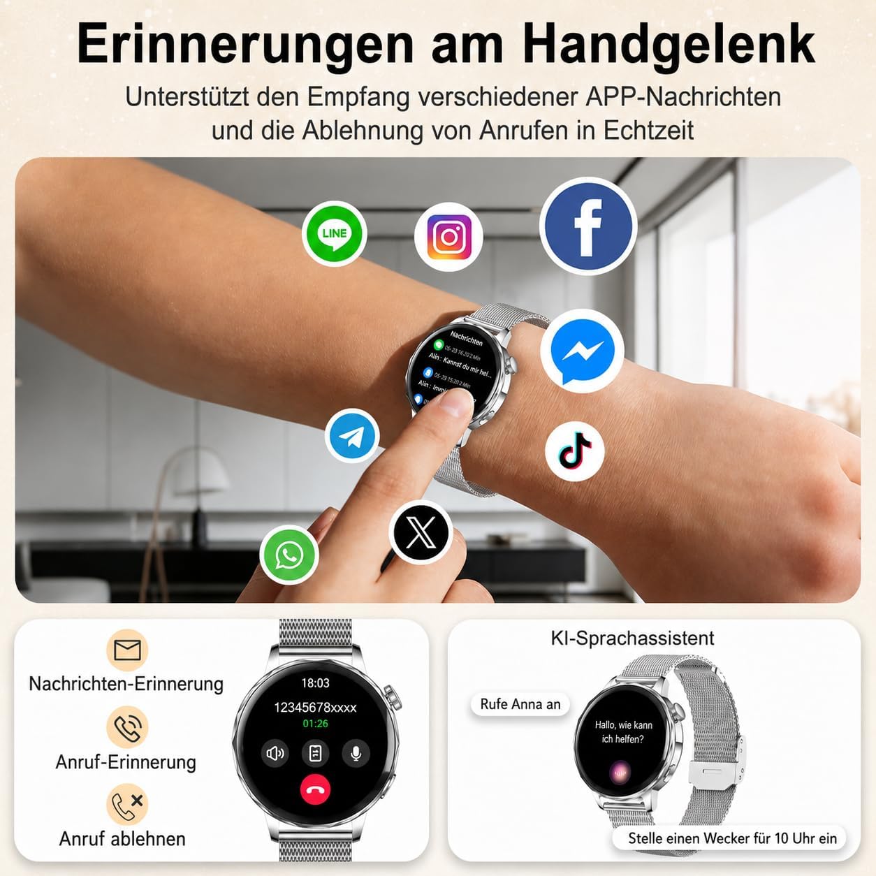 Runde Smartwatch für Damen mit Telefonfunktion, 1,27 Zoll HD-Smartwatches mit SpO2, 24-Stunden-Herzfrequenzüberwachung, Blutdruck-Schlafüberwachung, Fitness-Tracker 120+ Sportmodi, Schrittzähler für iOS Android, IP68 wasserdicht, Silber – Bild 3