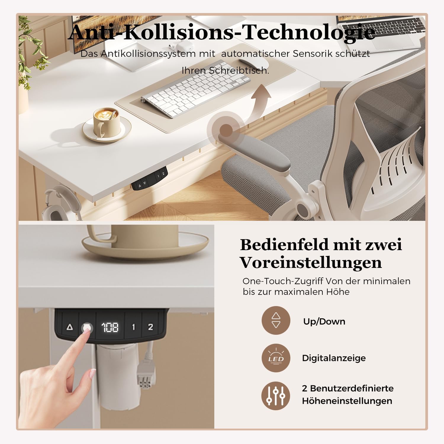 Klicelor Höhenverstellbarer Schreibtisch 160 x 90 cm, elektrischer Stehsitz, Bürotisch, Computertisch mit 2 Memory-Funktionen, Stehpult, für Homeoffice und Büro, weiß – Bild 5