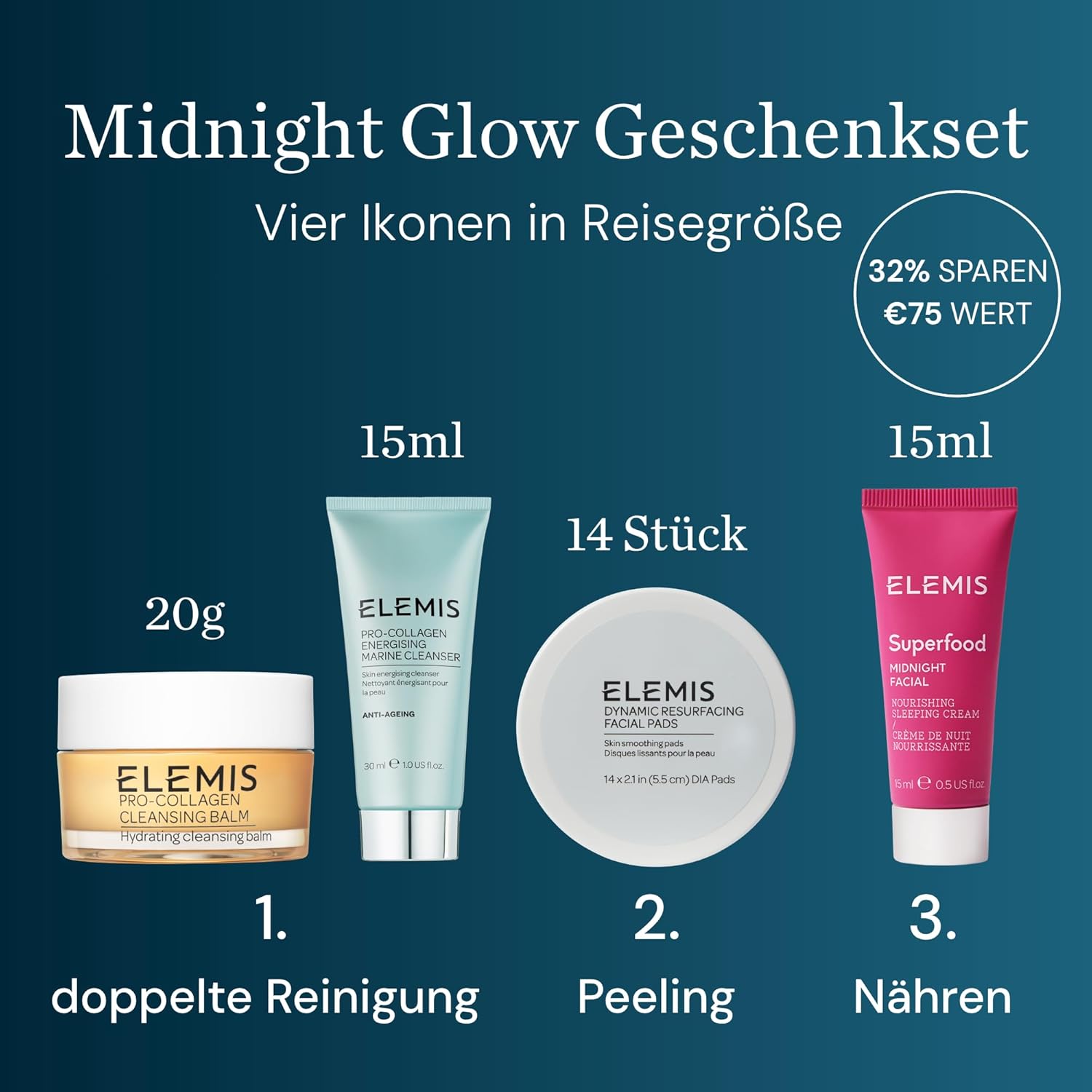 ELEMIS Midnight Glow Geschenkset – Superfood Midnight Facial, Pro-Collagen Gel Marine Cleanser & Cleansing Balm, Dynamic Resurfacing Facial Pads, Anti-Aging-Hautpflegegeschenk – Bild 2