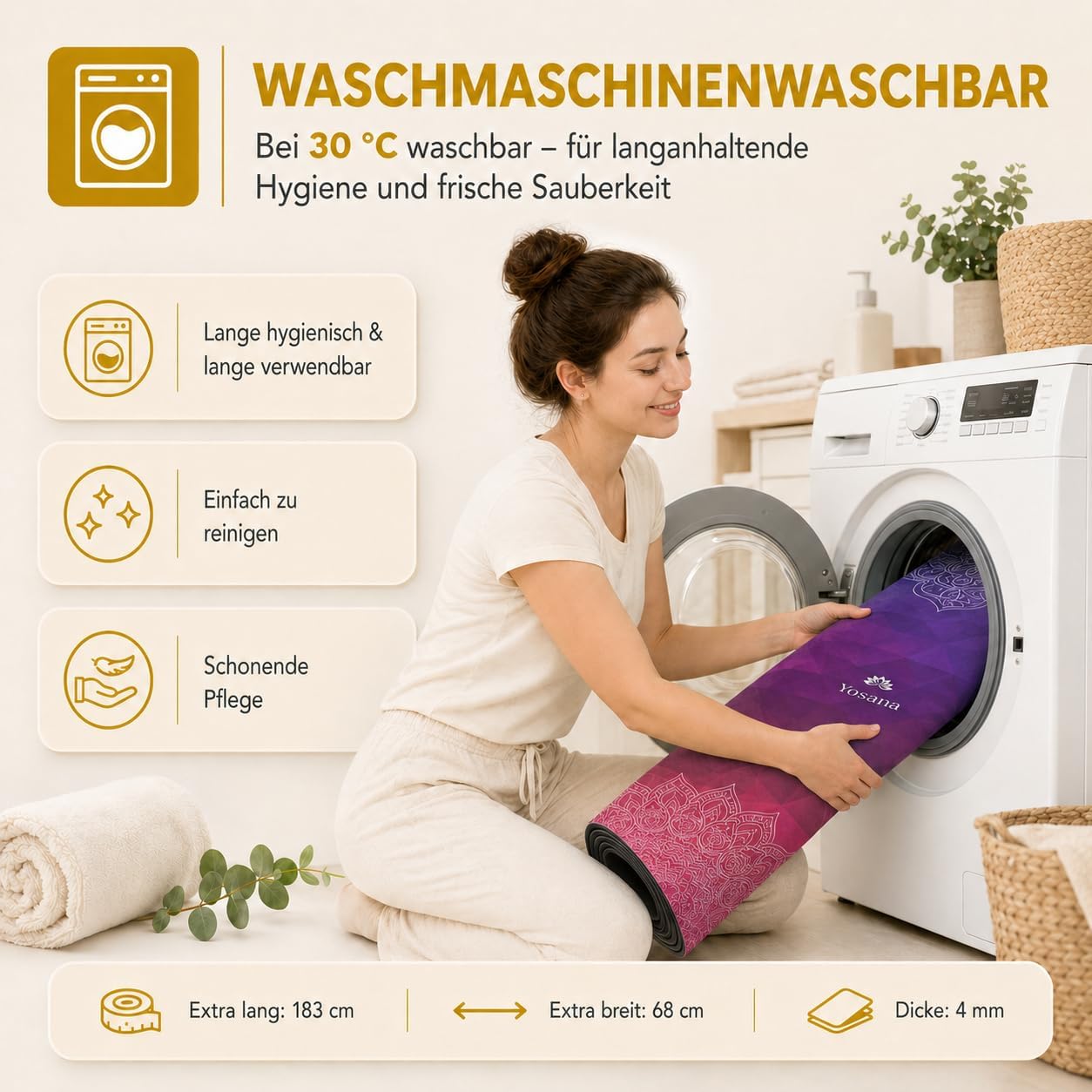 Yosana Yogamatte aus Naturkautschuk – rutschfeste, nachhaltige Yogamatte mit Mikrofaseroberfläche zur schnellen Aufnahme von Schweiß – maschinenwaschbare Sportmatte – 183 x 68 cm – Bild 4