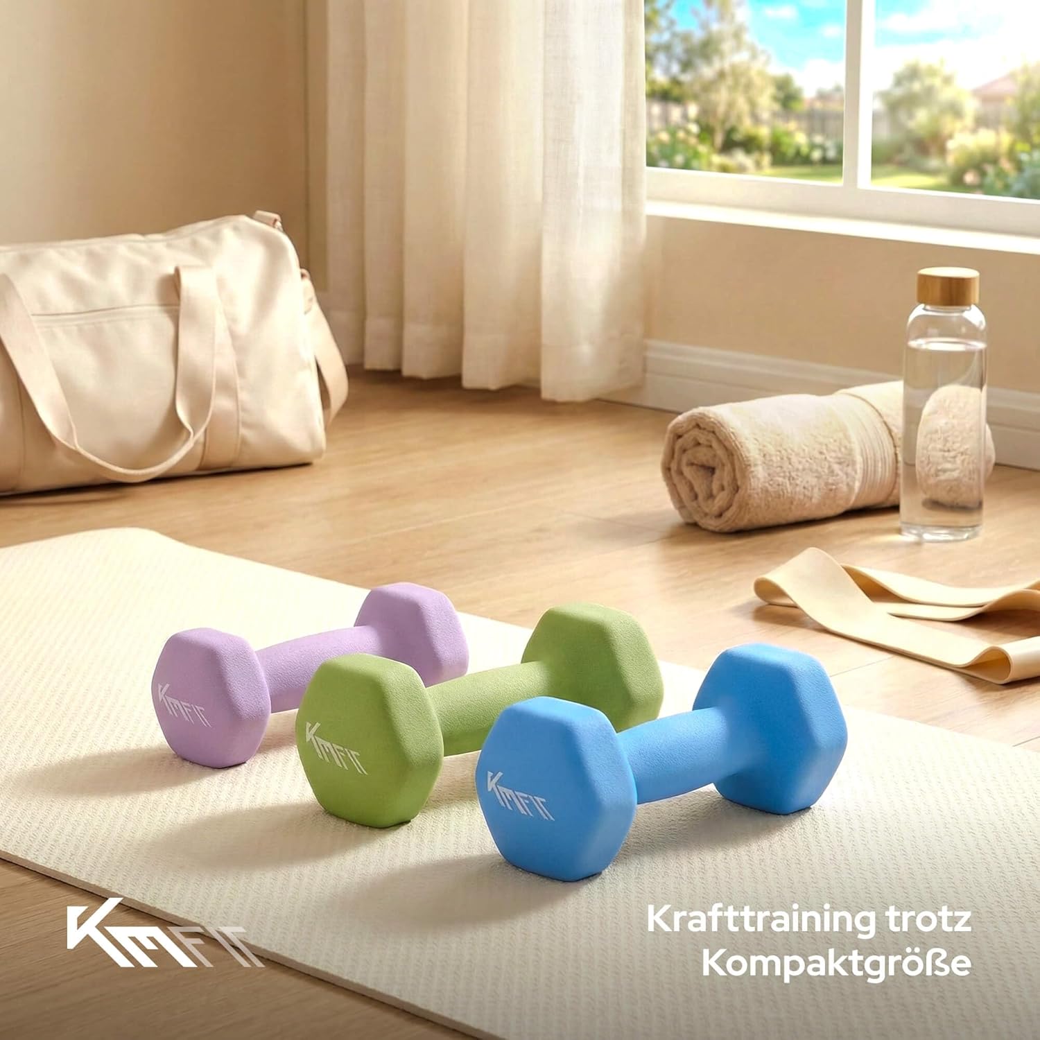 KM-Fit Hantel-Set 12 kg mit Ständer, Neopren-Hanteln 1-3 kg, Gusseisen, ergonomischer Griff, rollsicher, Fitness- und Krafttraining für das Heim-Fitnessstudio – Bild 7