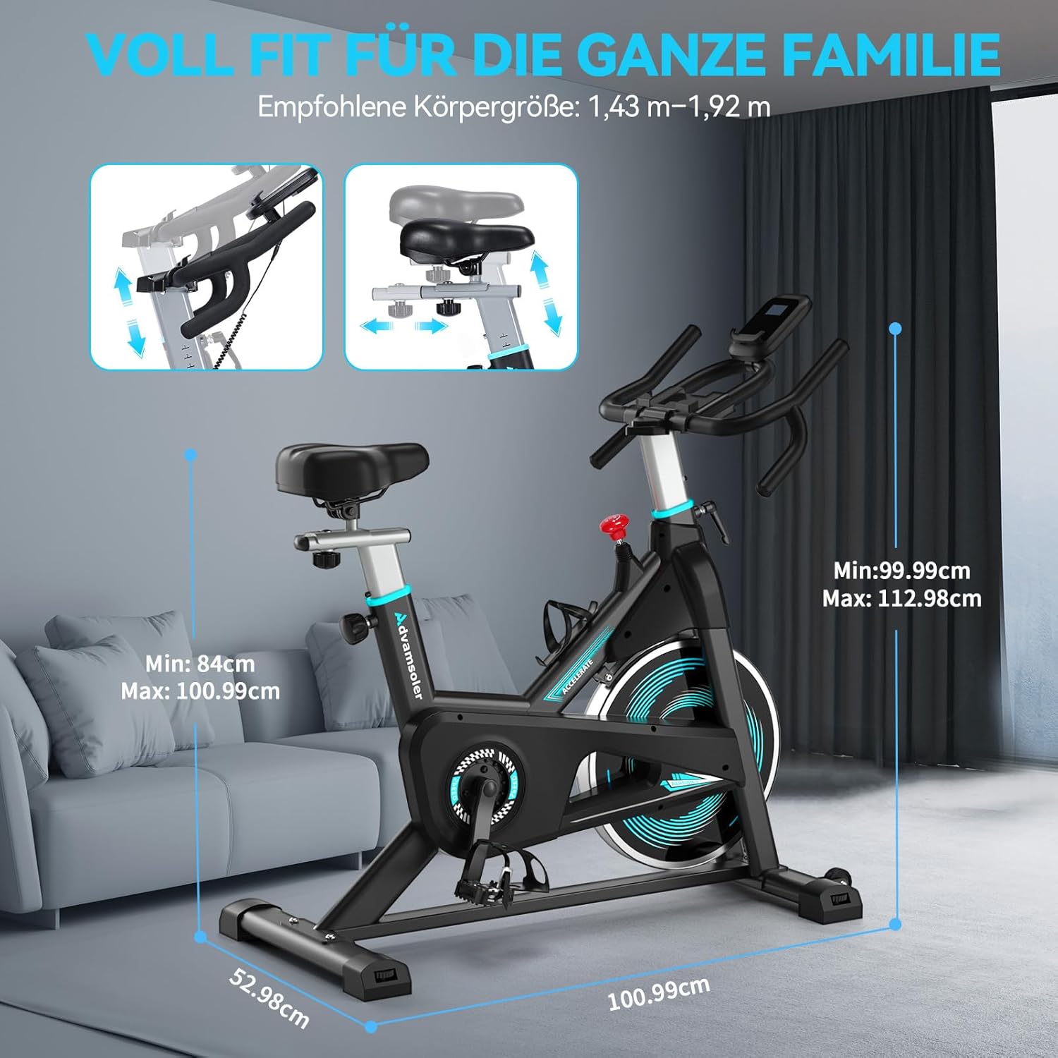 Heimtrainer mit App, Advamsoler Leises Ergometer Heimtrainer Fahrrad mit LCD-Monitor & Tablet-Halterung, Indoor Cycling Spinning Bike für Cardio-Training zu Hause, bis 160 kg – Bild 6
