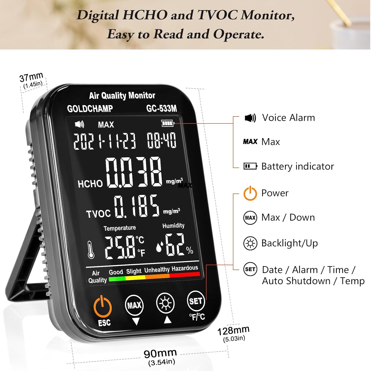 Tragbarer Luftqualitätsmonitor, 4-in-1-Raumluftqualitätsmonitor mit HCHO, TVOC, Temperatur (℃/℉) und Feuchtigkeitssensor, Luftanalysator mit digitalem LCD-Bildschirm, akustischem Alarm, GOLDCHAMP – Bild 3