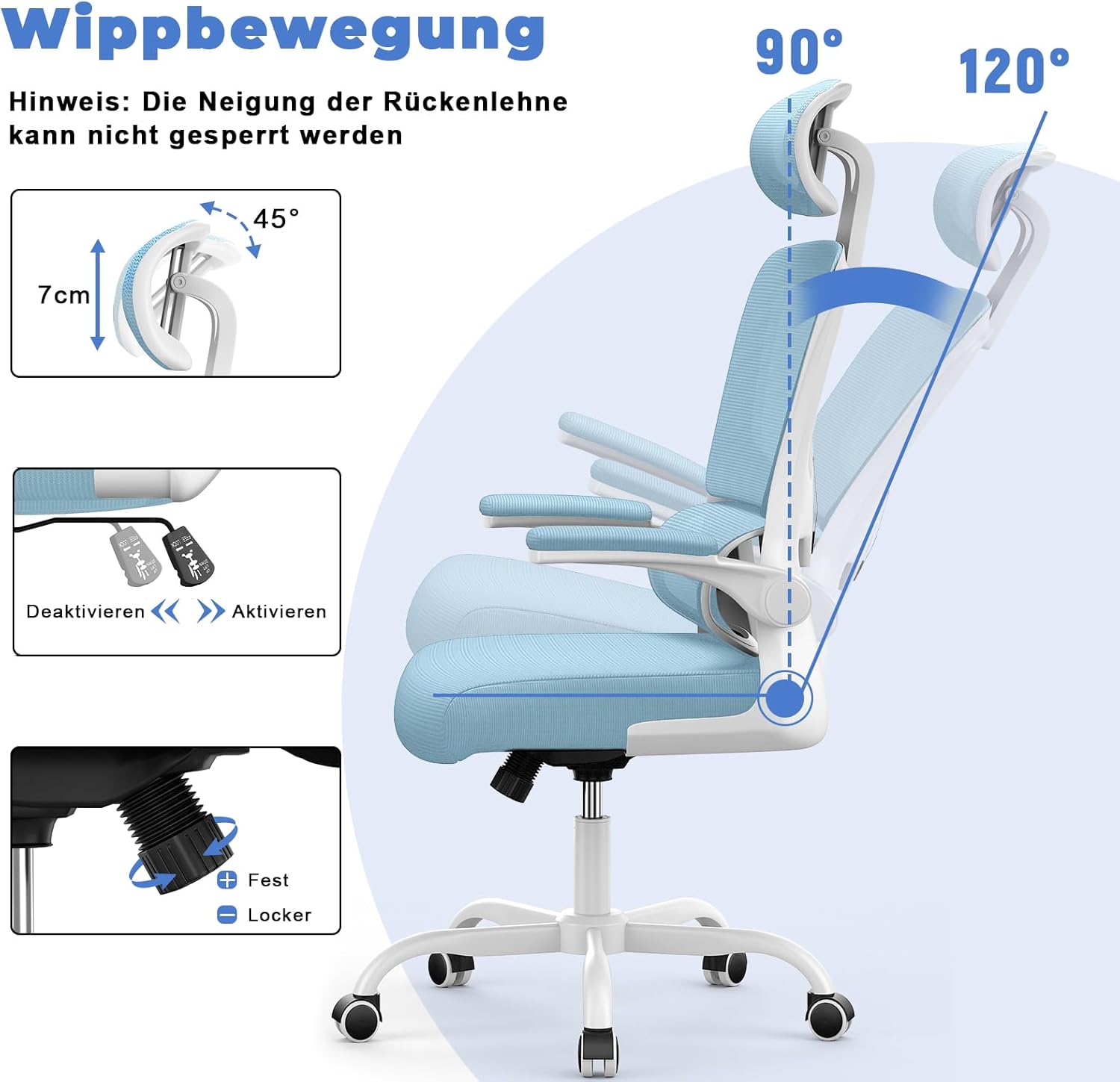 naspaluro Bürostuhl, Ergonomischer Schreibtischstuhl mit verstellbarer Kopfstütze, Armlehnen, dynamischer Lordosenstütze, Drehstuhl mit atmungsaktivem Netzbezug für das Home Office, Blau – Bild 5