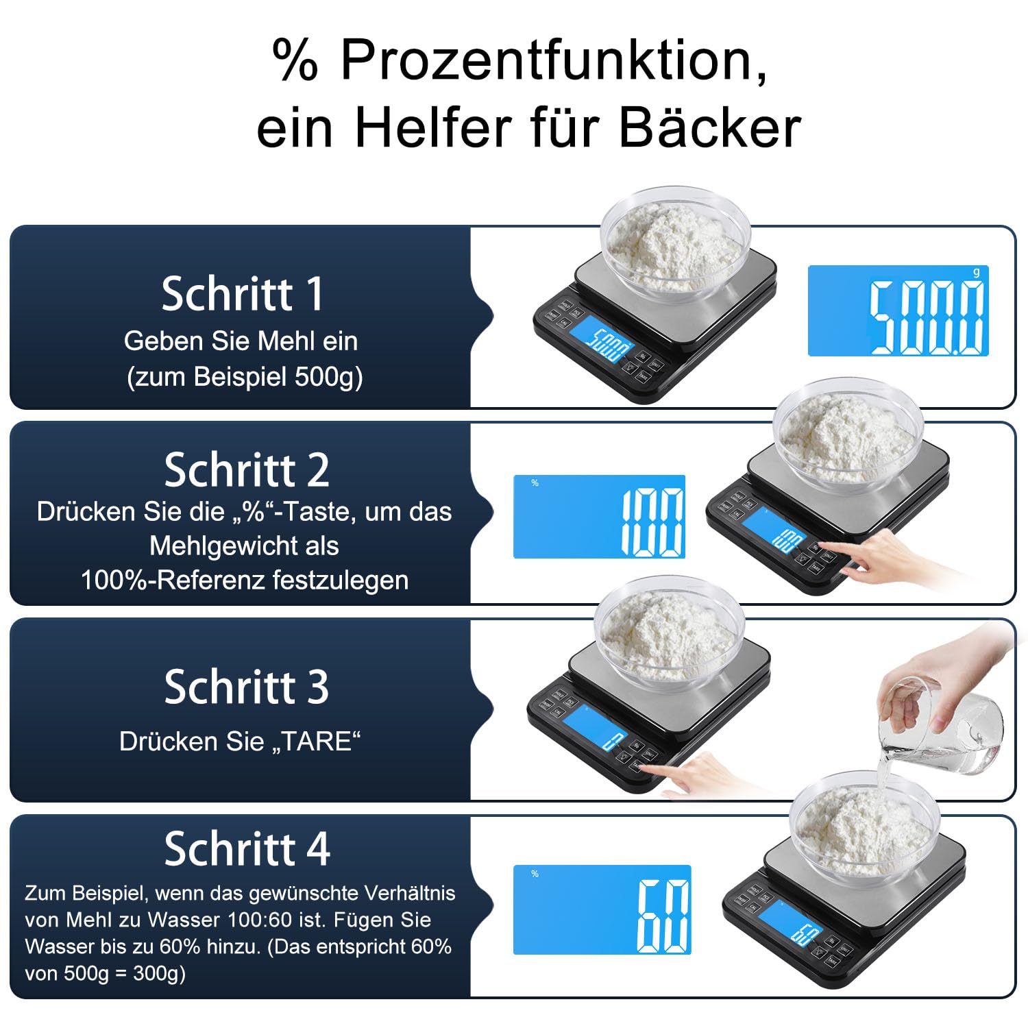 BOMATA 0,1 g/5 kg große digitale Küchenwaage, hochpräzise Bäckereiwaage mit %-Prozentfunktion, wiederaufladbar über USB, Wiegeplatte aus Edelstahl – Bild 3