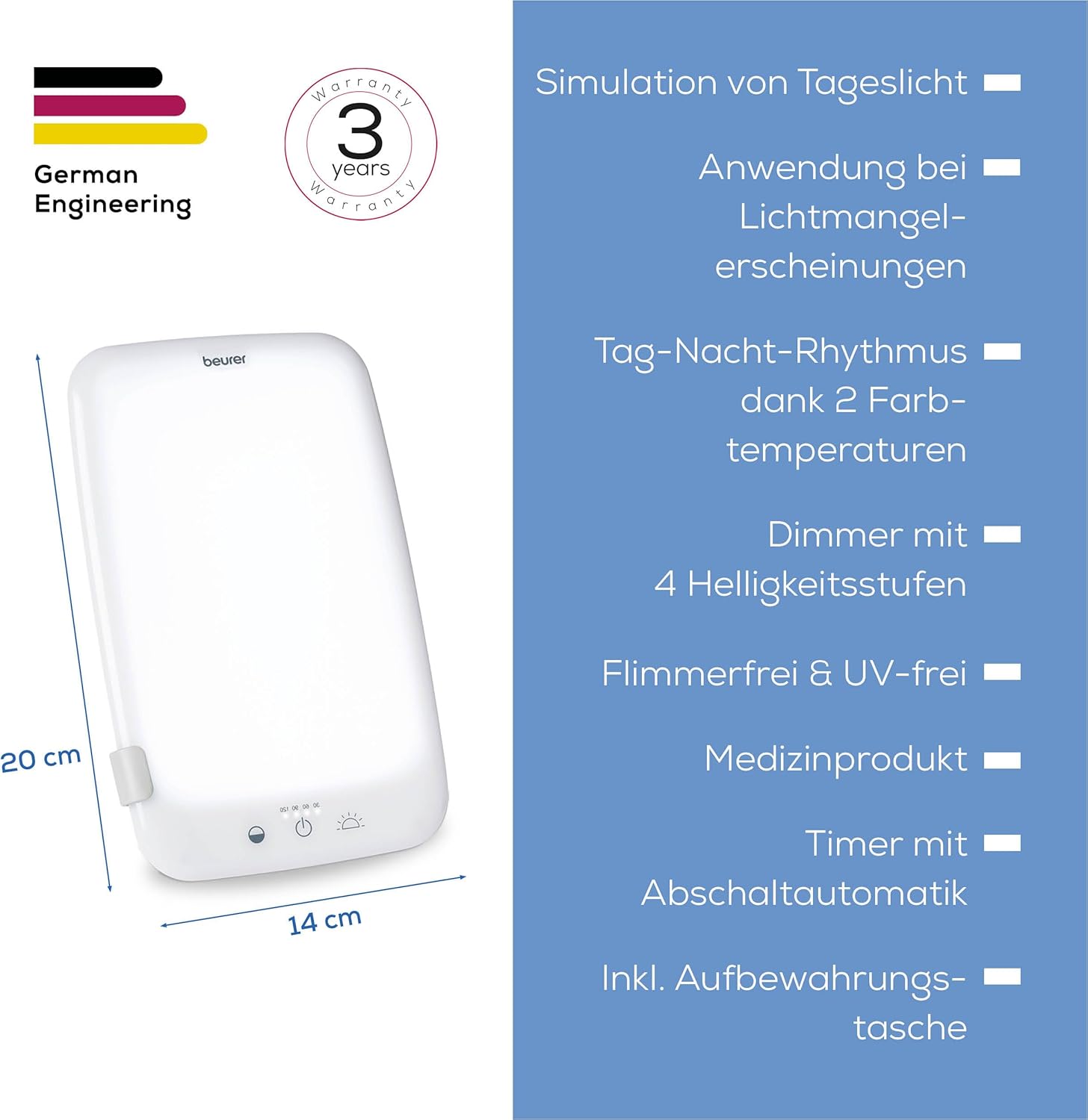 Beurer TL 35 Simulations-Tageslichtlampe mit 3 Farbtemperaturen für einen geregelten Tag-/Nachtrhythmus, 10000 Lux, medizinisches Gerät, abnehmbarer Sockel, mit Dimmschalter, weiß – Bild 6