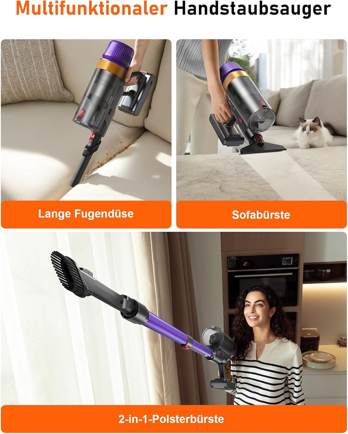 Akku-Staubsauger Testsieger 55000Pa/75min/1,8L Beutelloser, selbststehender Griff-/Stabstaubsauger mit Anti-Tangle & Ladestation – Stark für Tierhaare/Teppich/Hartboden/Auto (Lila) – Bild 6
