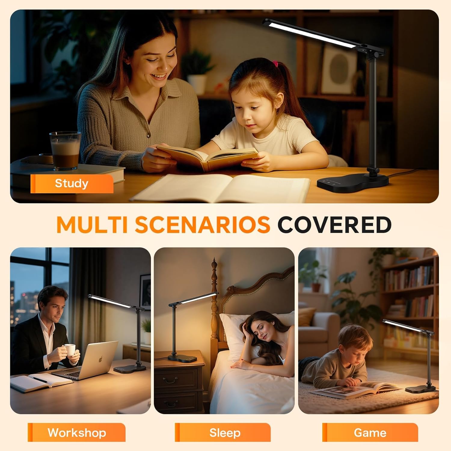 Caldarax Schreibtischlampe LED Dimmbar, Augenschutz Schreibtischlampe, 5 Farben und 10 Helligkeitsstufen, mit Timer und Touch-Steuerung, Tischlampe USB-Anschluss zum Lesen, Büro, Nachttisch, Arbeitszimmer (Schwarz) – Bild 7
