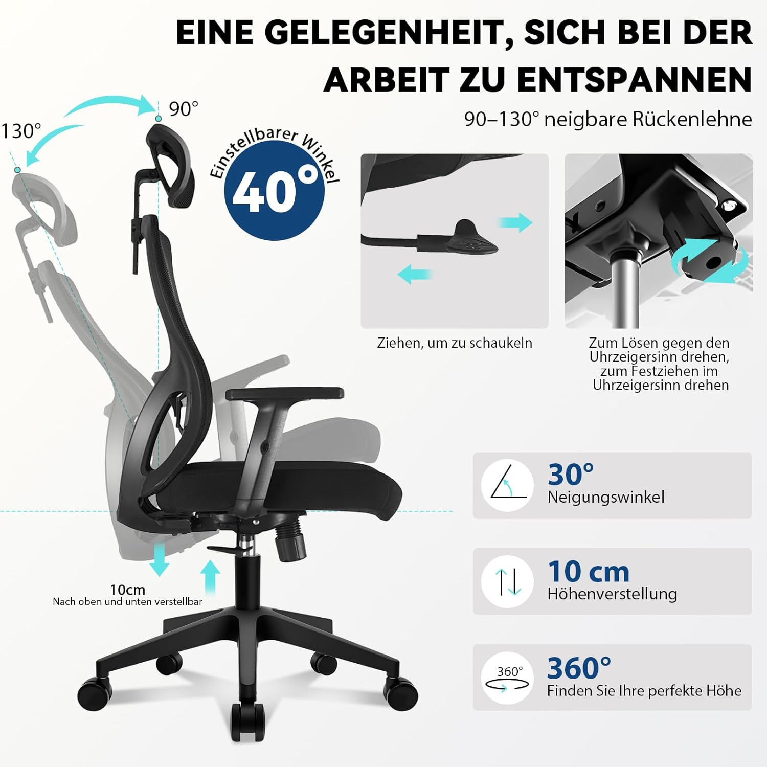 Durrafy Bürostuhl, ergonomischer Bürostuhl, 150 kg belastbar, verstellbare Lordosenstütze, Kopfstütze & Armlehnen, Drehstuhl mit Liegefunktion, hohe Rückenlehne als Schreibtischstuhl, schwarz – Bild 5