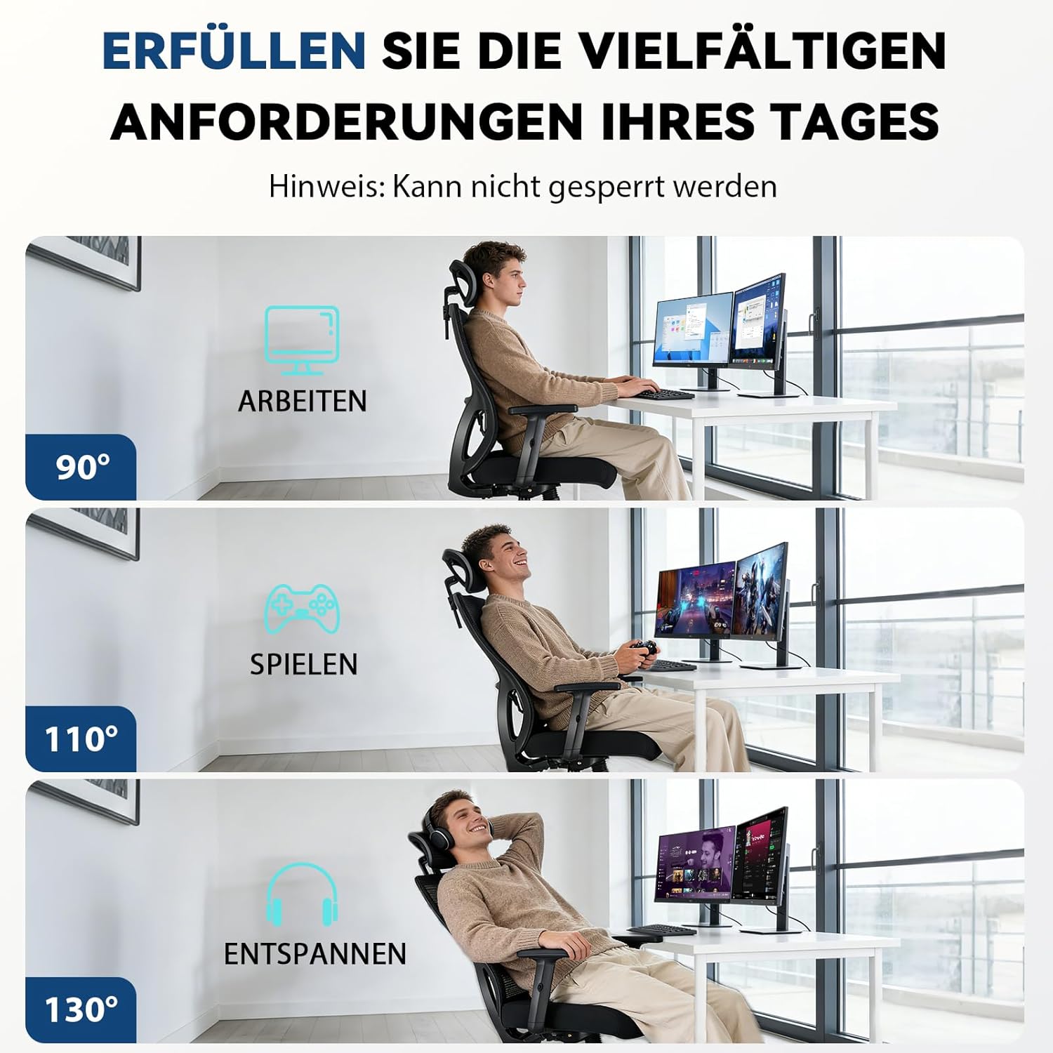 Durrafy Bürostuhl, ergonomischer Bürostuhl, 150 kg belastbar, verstellbare Lordosenstütze, Kopfstütze & Armlehnen, Drehstuhl mit Liegefunktion, hohe Rückenlehne als Schreibtischstuhl, schwarz – Bild 8