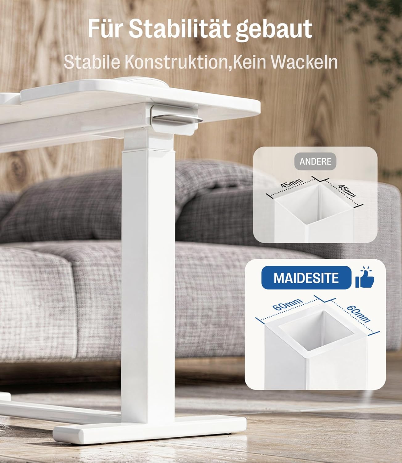 MAIDeSITe Beistelltisch mit Rollen, C-förmiger höhenverstellbarer Betttisch, 70 x 40 cm Stehtisch, mobiler Laptoptisch mit geteilter Tischplatte und verdeckten Rollen – Fit Dual – Bild 8